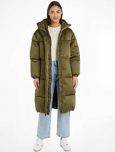 TOMMY-JEANS Damen Steppmantel mit Kapuze TJW LONG SATIN PUFFER