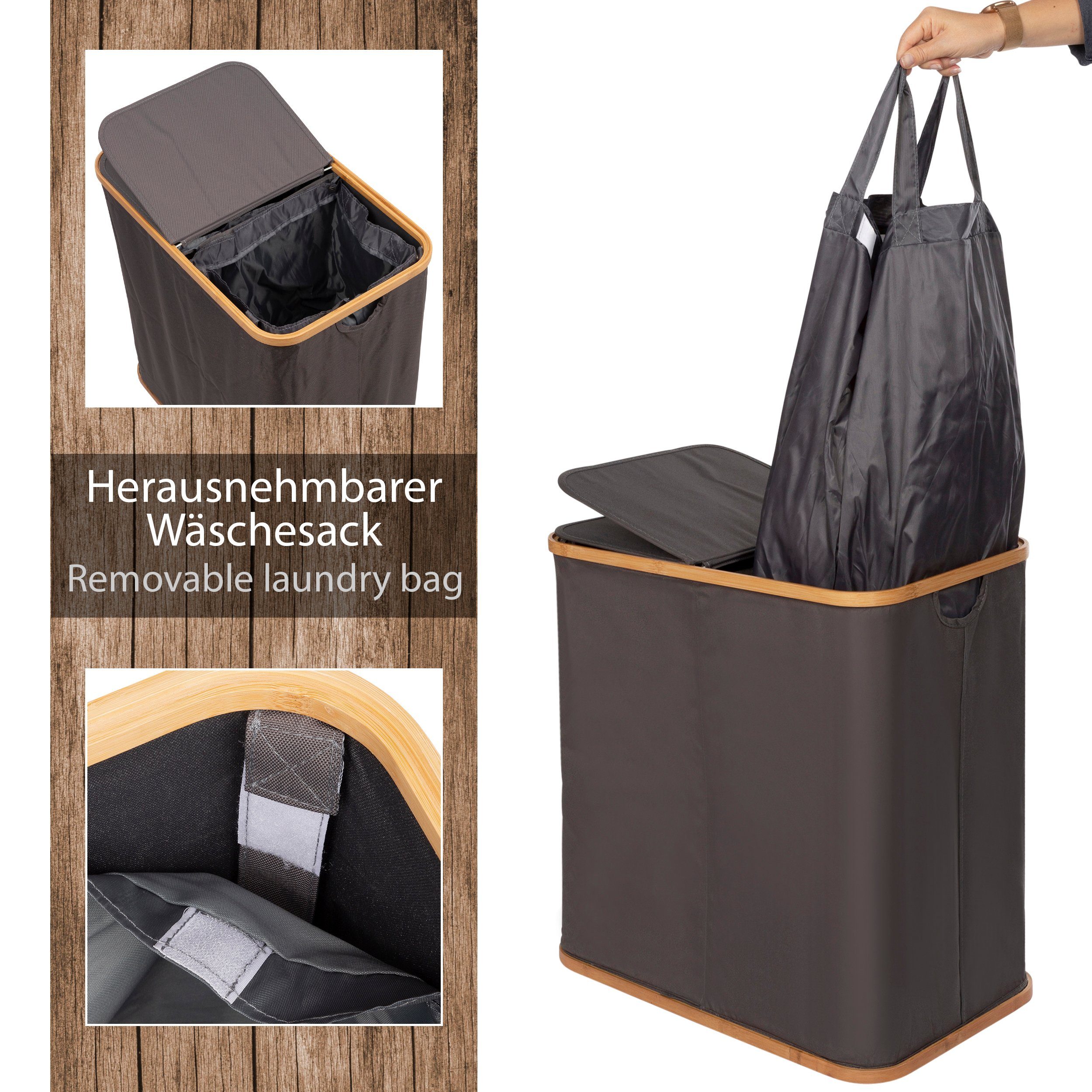 ONVAYA Wäschekorb Wäschekorb mit Deckel, 2 herausnehmbare Fächer, Wäschesammler Bad