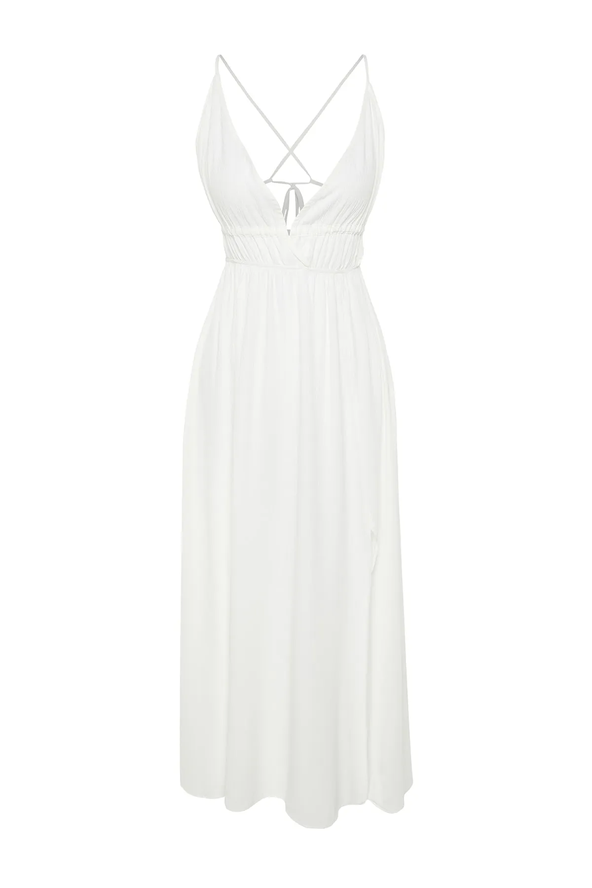 Trendyol Collection  Ecrufarbenes, gewebtes Maxi-Strandkleid mit Raffung TBESS23EL00063