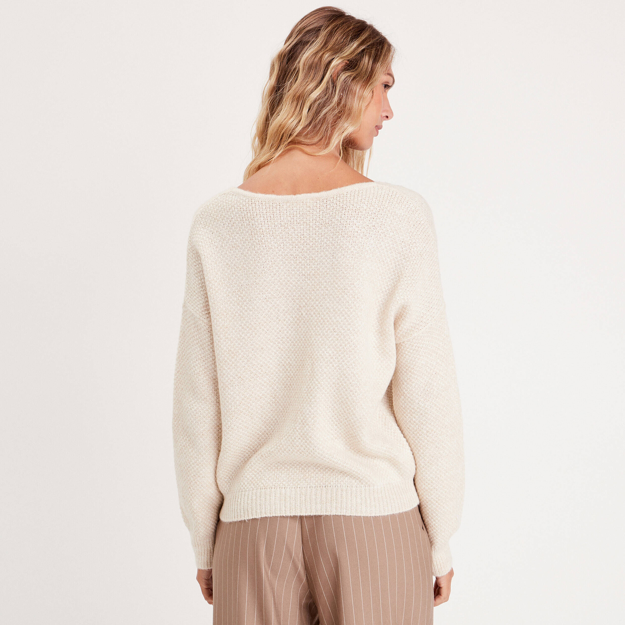 Pull manches longues col en V ecru femme | Cache Cache