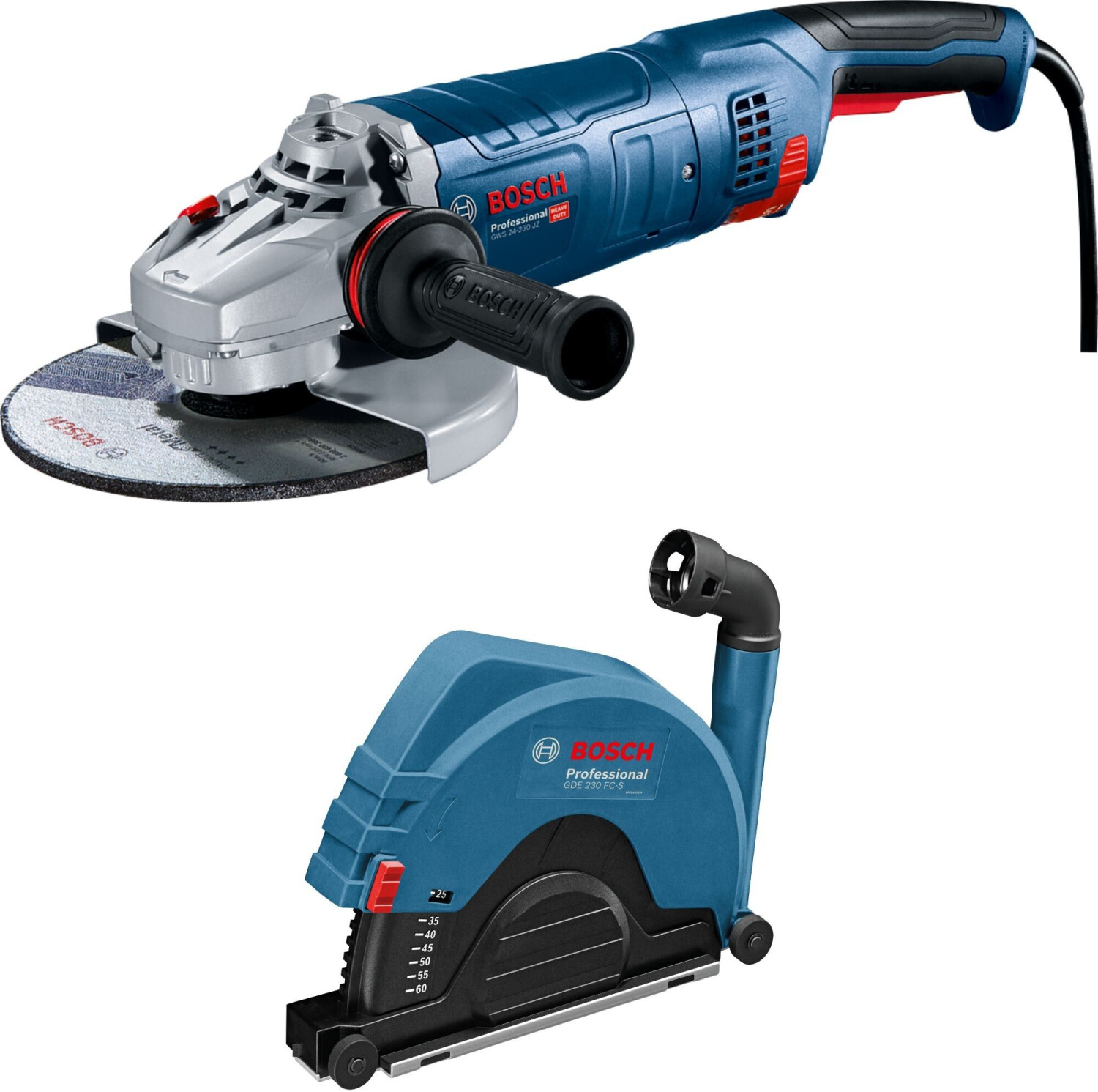 Bosch Blue 0615A5004S GWS 24-230 JZ kampinis šlifuoklis 230 mm 2400 W + GDE 230 FC-S dulkių ištraukimo gaubtas