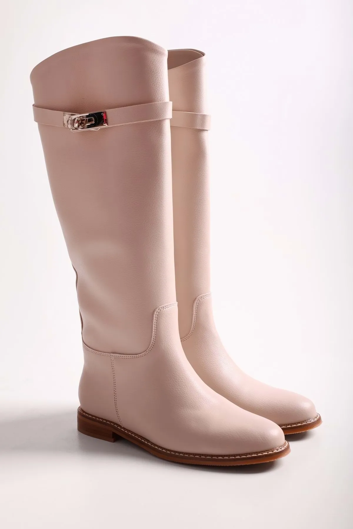 Shoeberry  Damen-Reitstiefel Larissa aus beigem Leder mit Schnallen Beiges Leder