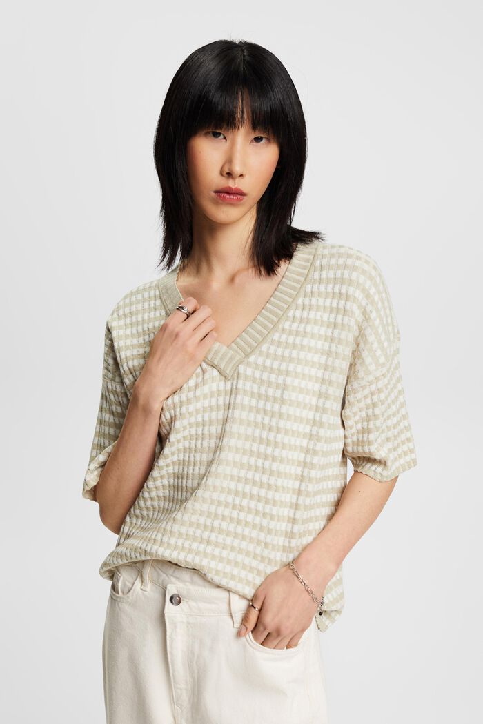 Gerippter Kurzarm-Pullover mit Streifen