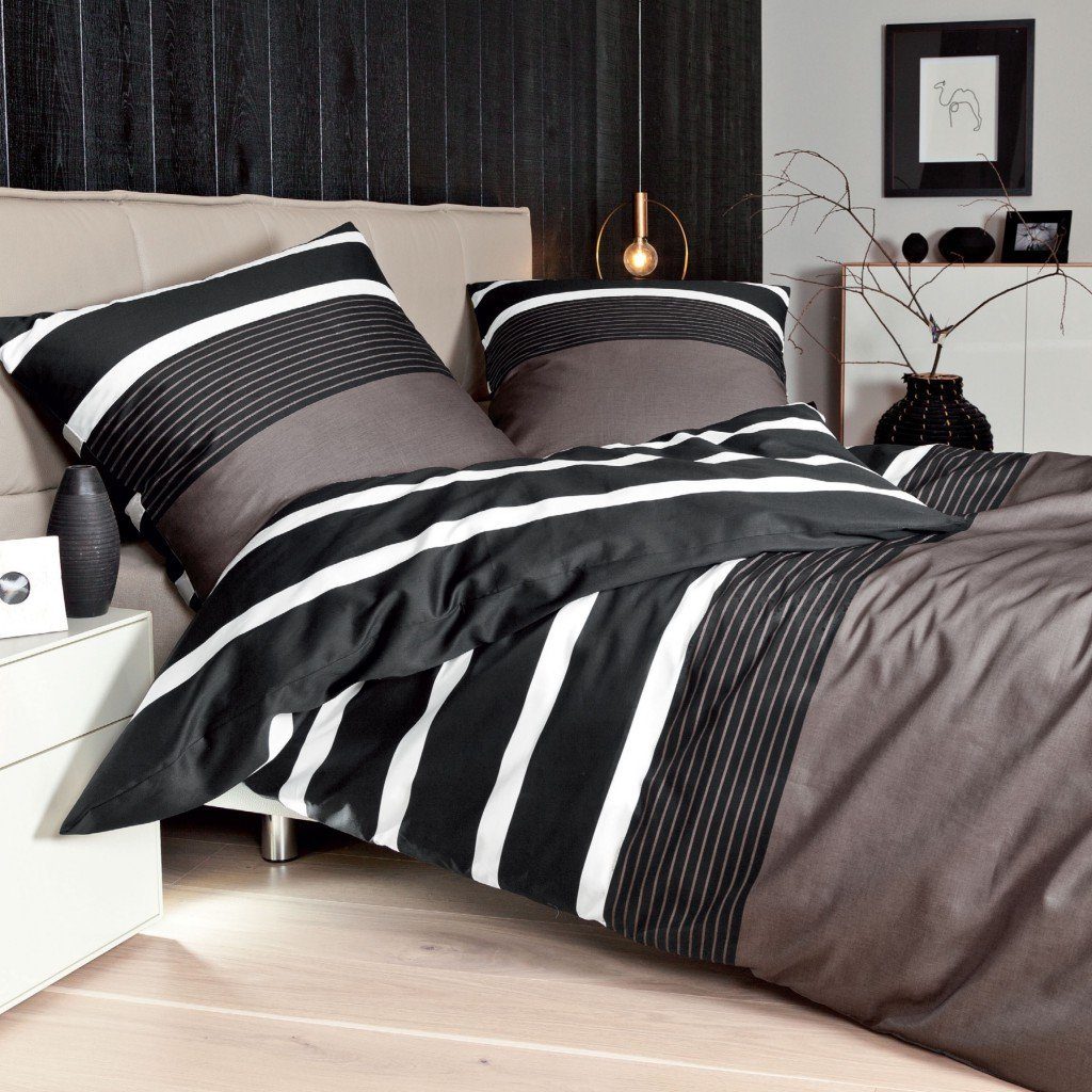 Bettwäsche Davos 65030 07 nougat schwarz, Janine, Biber, 2 teilig, Gestreift, Feinbiber