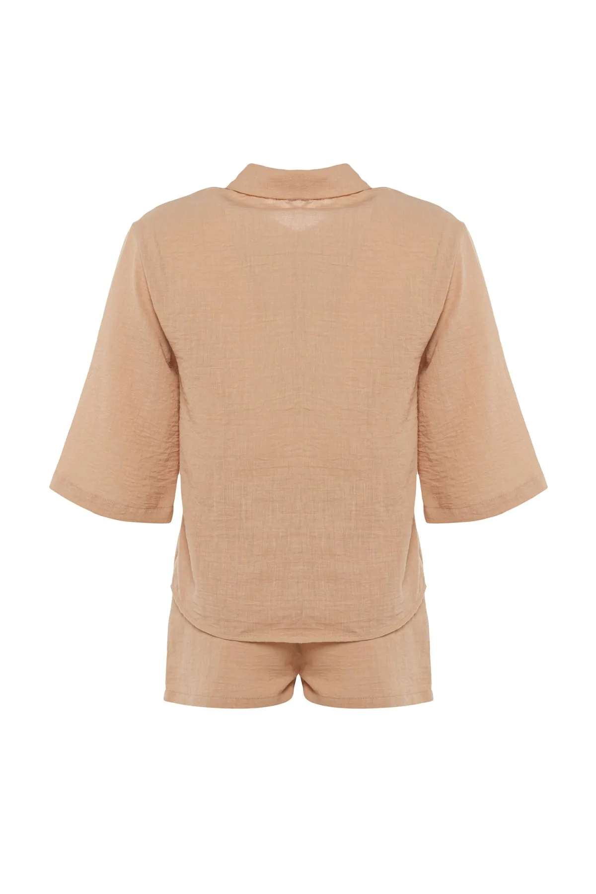Trendyol Collection  Kamelfarbenes gewebtes Hemd-Shorts-Set TBESS23AU00050