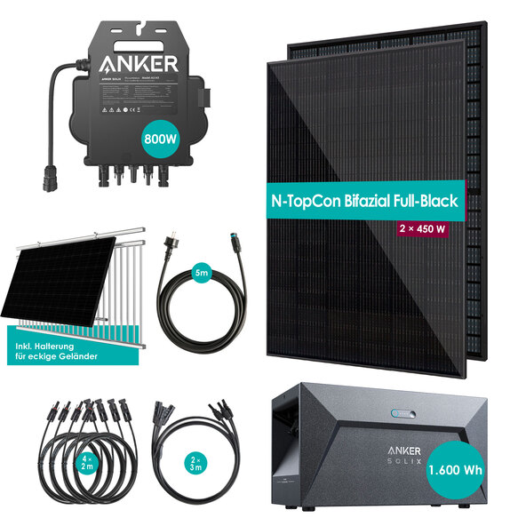 Bifaziales Balkonkraftwerk 900W / 800W inkl. Speicherbatterie und Wandhalterung für Geländer eckig