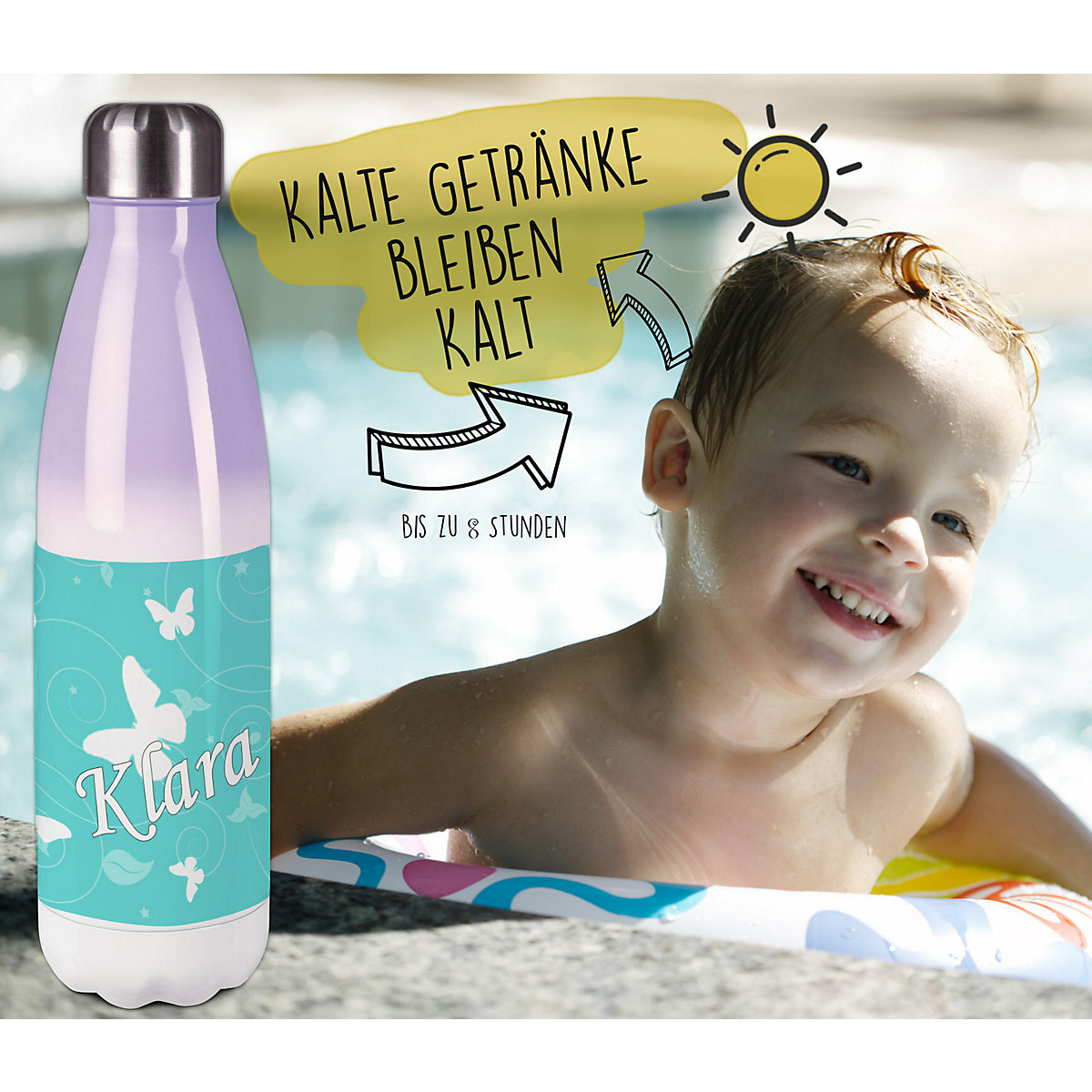 Edelstahl Kinder Thermoflasche / Trinkflasche bunt Schmetterling Ornamente Farbe türkis Spülmaschinenfest, Auslaufsicher, Bruchfest, Doppelwandig, Für Heißgetränke geeignet, Mit Deckel, Isoliert