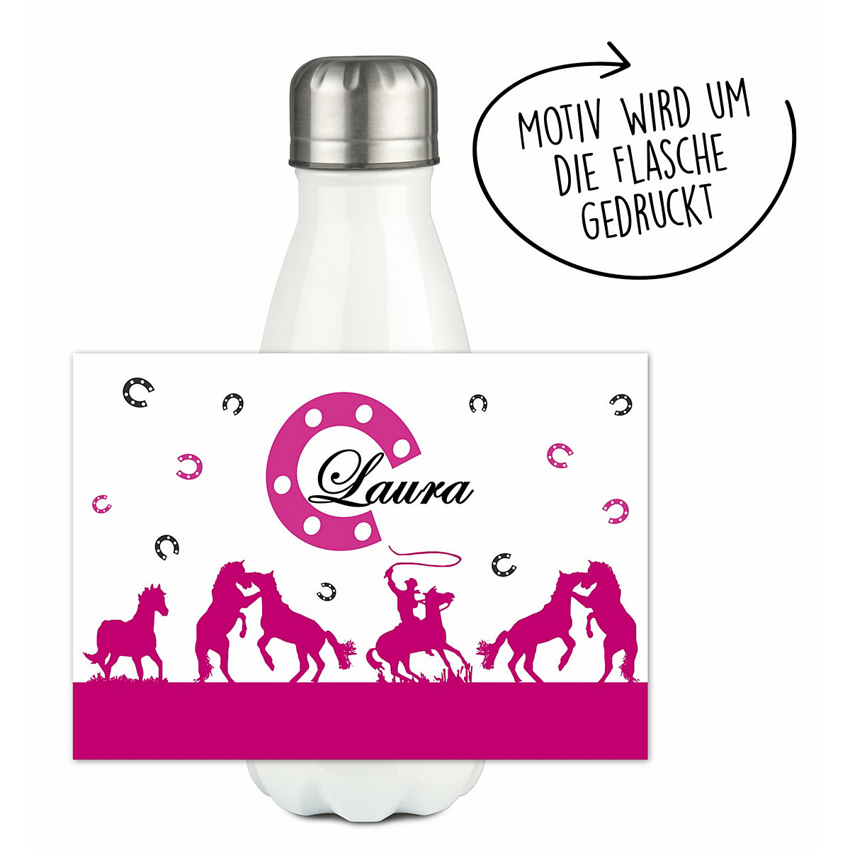 Edelstahl Kinder Thermoflasche / Trinkflasche bunt Cowboy Pferde Farbe pink Spülmaschinenfest, Auslaufsicher, Bruchfest, Doppelwandig, Für Heißgetränke geeignet, Mit Deckel, Isoliert