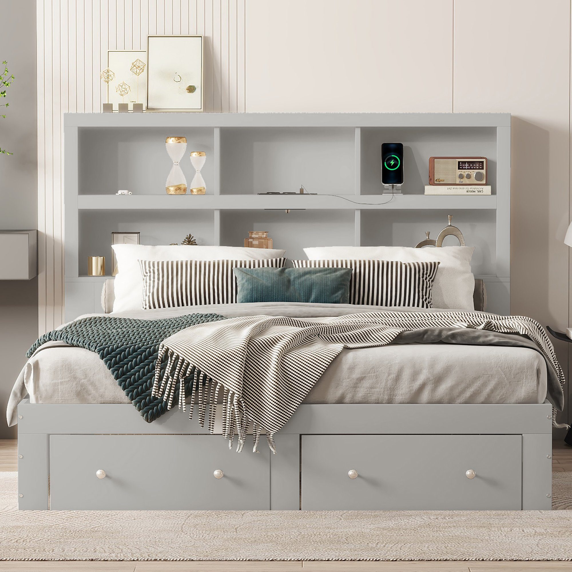 Merax Holzbett 160x200cm mit 6 Fächern und 2 Schubladen, Doppelbett Kingsize mit USB-Anschluss, aus Massivholz