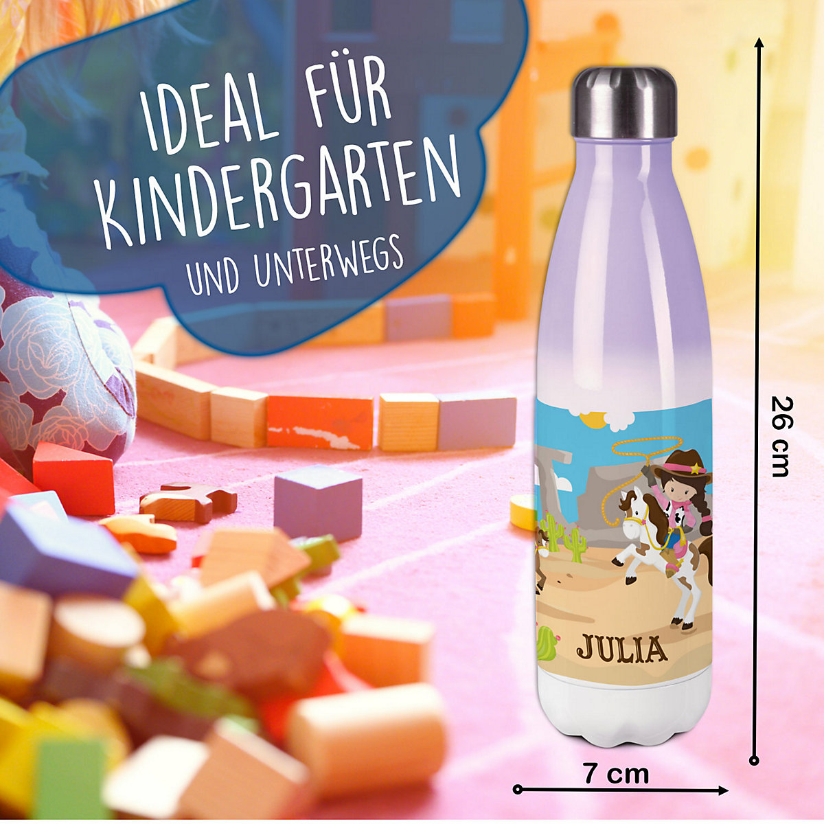 Edelstahl Kinder Thermoflasche / Trinkflasche bunt Cowgirl Spülmaschinenfest, Auslaufsicher, Bruchfest, Doppelwandig, Für Heißgetränke geeignet, Mit Deckel, Isoliert