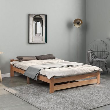 BlingBin Holzbett Futonbett Einzelbett Massivholz mit Kopfteil Lattenrost 140x200cm (Massivholz Natur Bett, Natur), Massivholz, in zwei Größen erhältlich