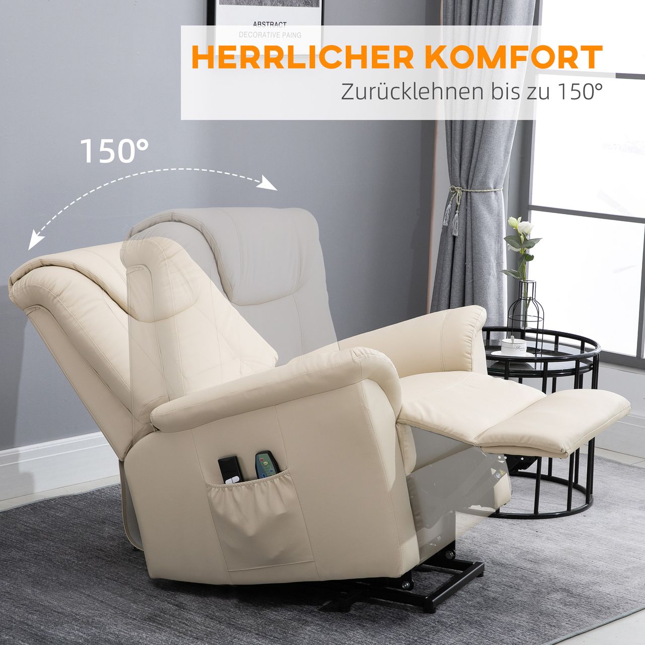 HOMCOM Sessel mit Aufstehhilfe, Verstellbarer Massagesessel Kunstleder Creme