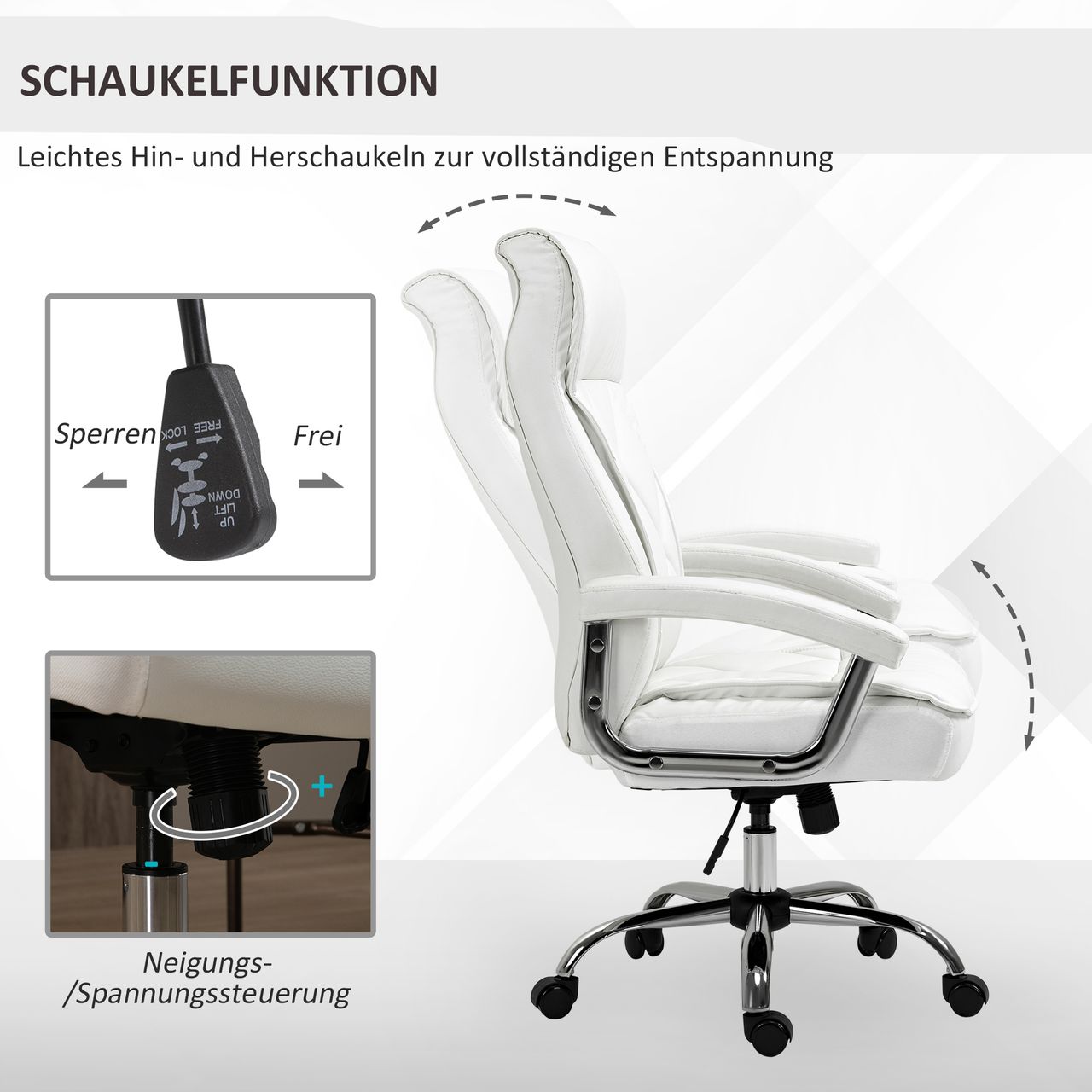 HOMCOM Chefsessel Bürostuhl Schreibtischstuhl Drehstuhl ergonomisch mit Wippenfunktion höhenverstellbar Rautenmuster modern elegant luxuriös PU-Leder Metall Schaumstoff Weiß 66x69x121 cm