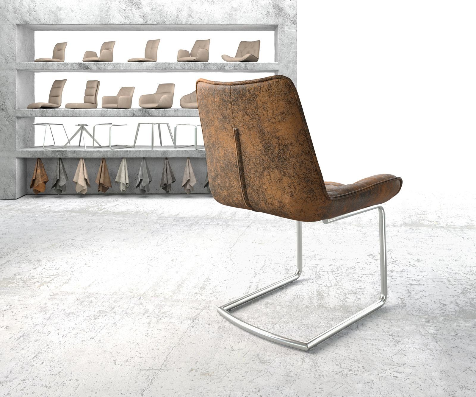 DELIFE Polsterstuhl Taimi-Flex, Freischwinger rund Edelstahl Braun Antik