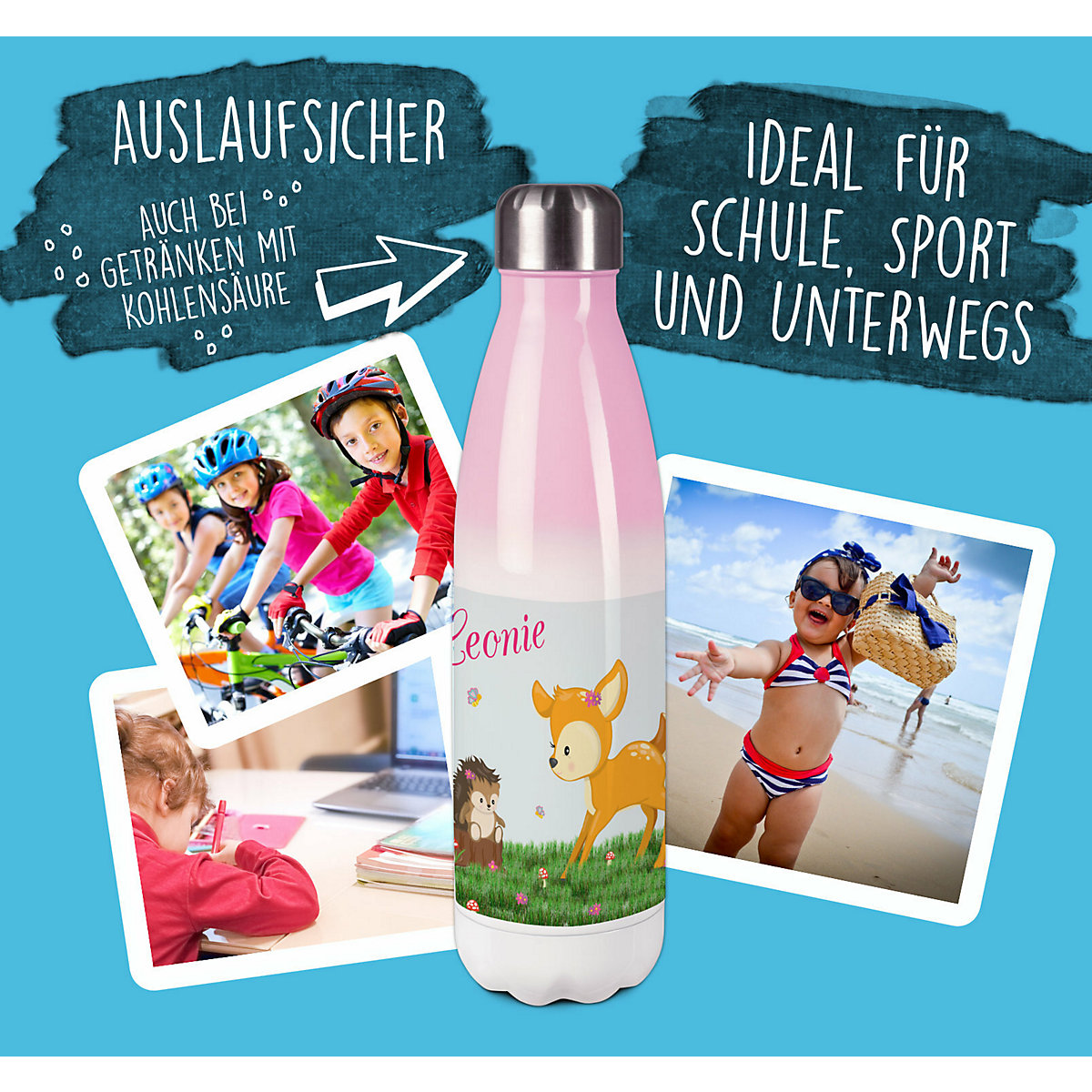 Edelstahl Kinder Thermoflasche / Trinkflasche bunt Reh Spülmaschinenfest, Auslaufsicher, Bruchfest, Doppelwandig, Für Heißgetränke geeignet, Mit Deckel, Isoliert