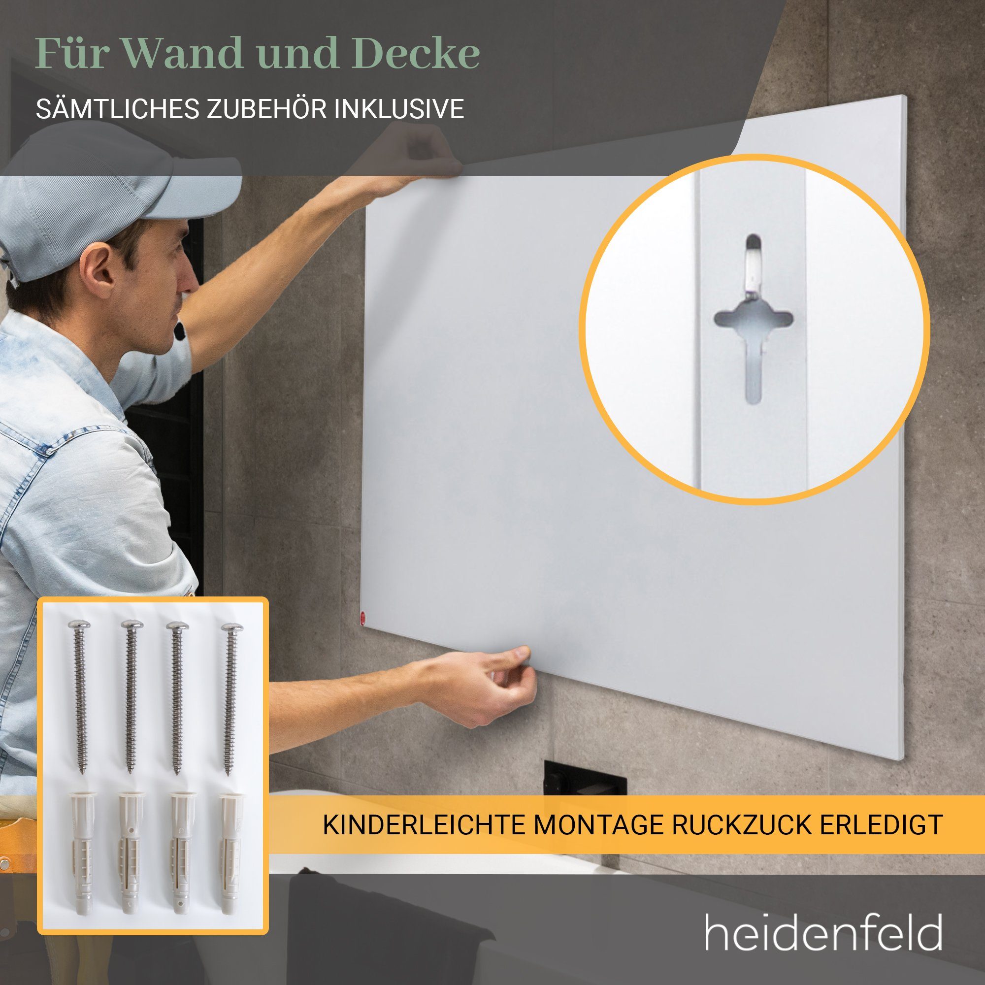 Heidenfeld Infrarotheizung 300 - 1200 W Wand Decken Elektroheizung HF-HP130 - 10 J. Garantie, Fernbedienung - Fenster-Auf-Erkennung - Infrarot Heizung Heizkörper