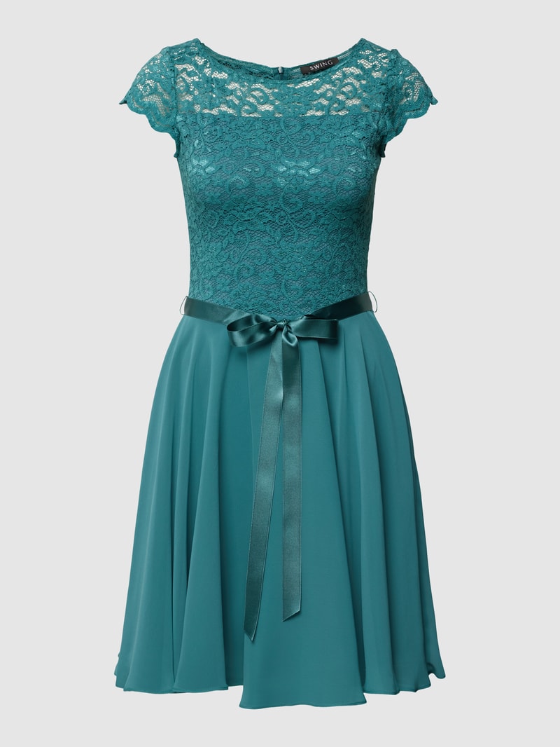 Cocktailkleid mit Spitzenbesatz in petrol