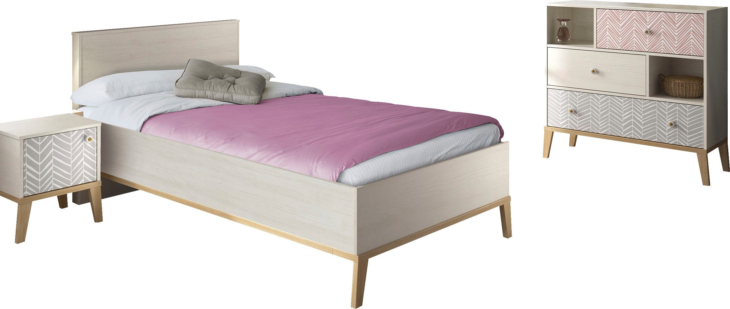 Gami Jugendzimmer-Set Alika, (Set, 3-St., Bett, Nachttisch, Kommode)