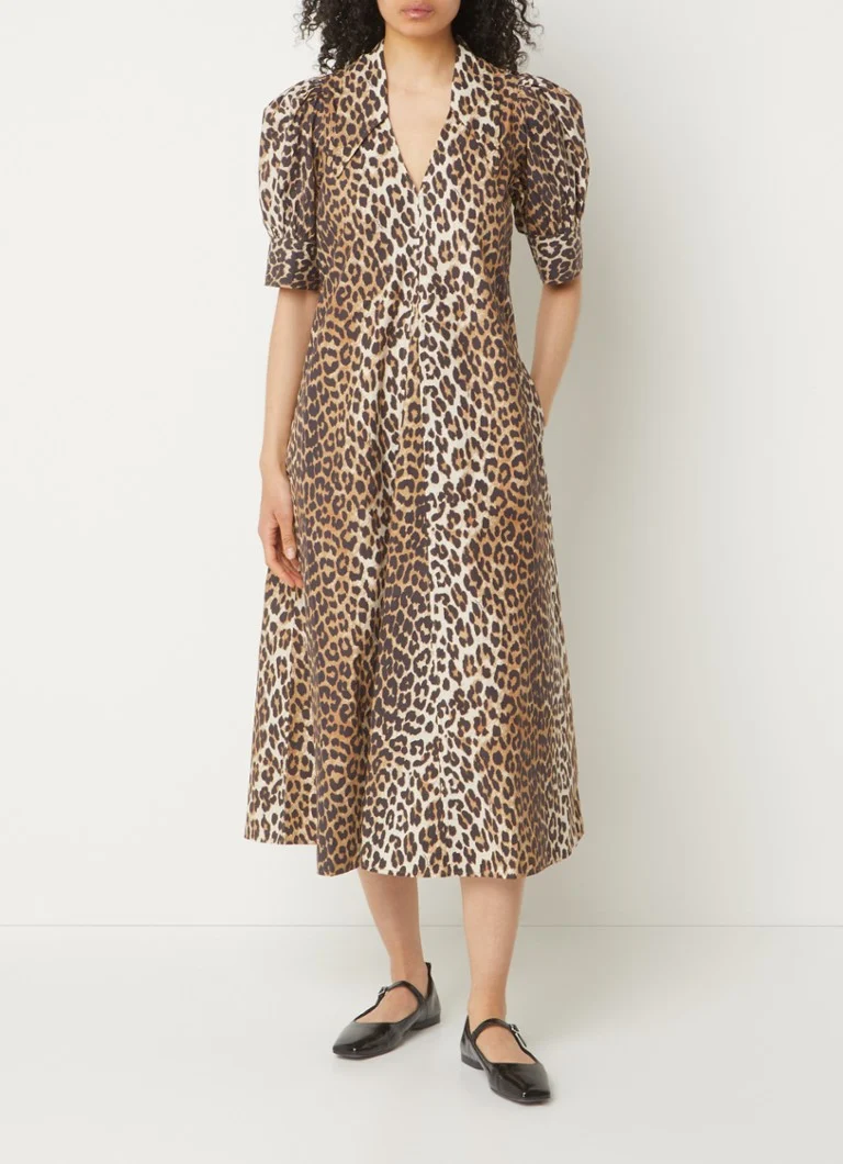 Robe tunique midi Ganni en coton biologique à imprimé léopard et poches latérales