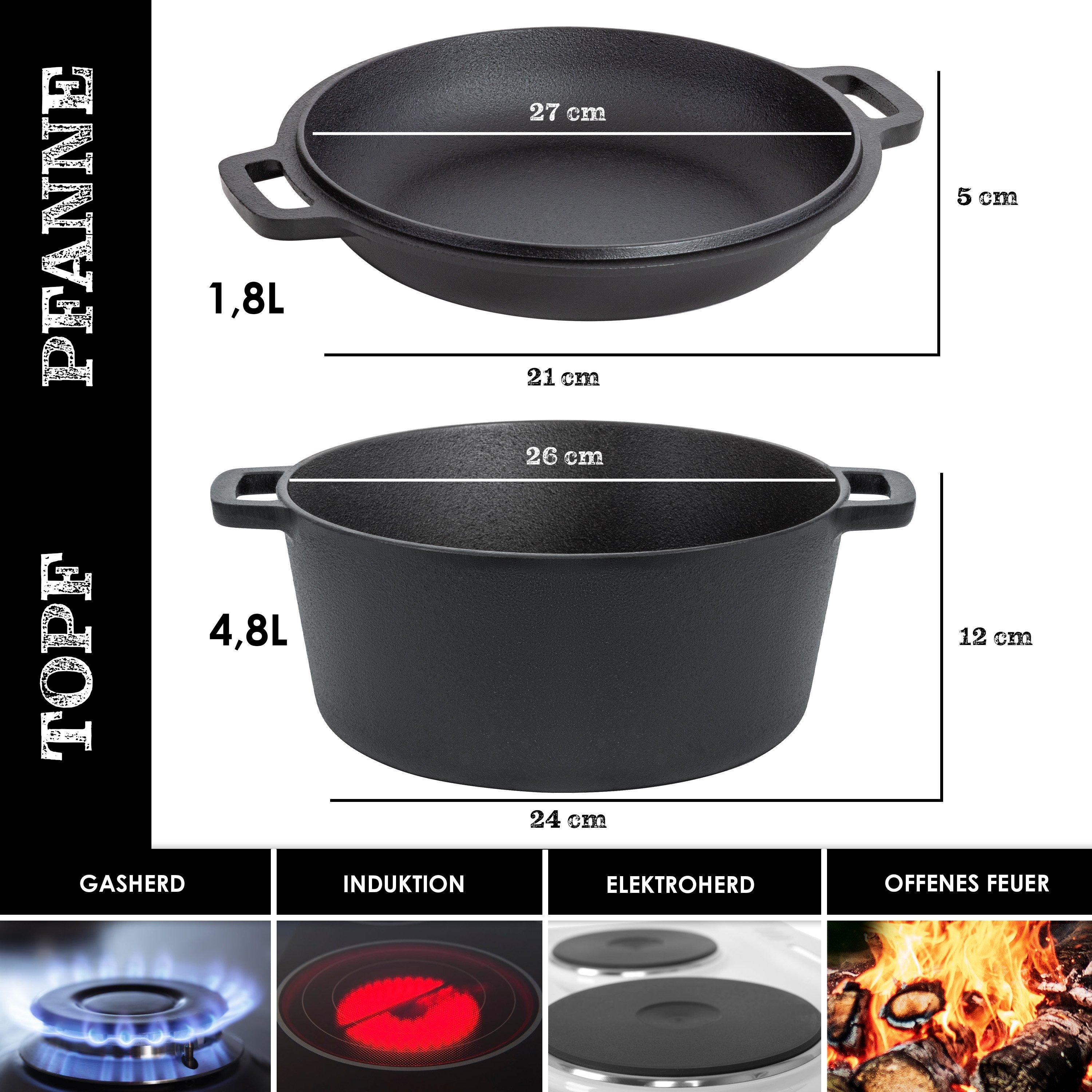 KESSER Feuertopf, Gußeisen, Dutch Oven 2in1 Gusseisen Topf 4,8L und Pfanne 1,8L