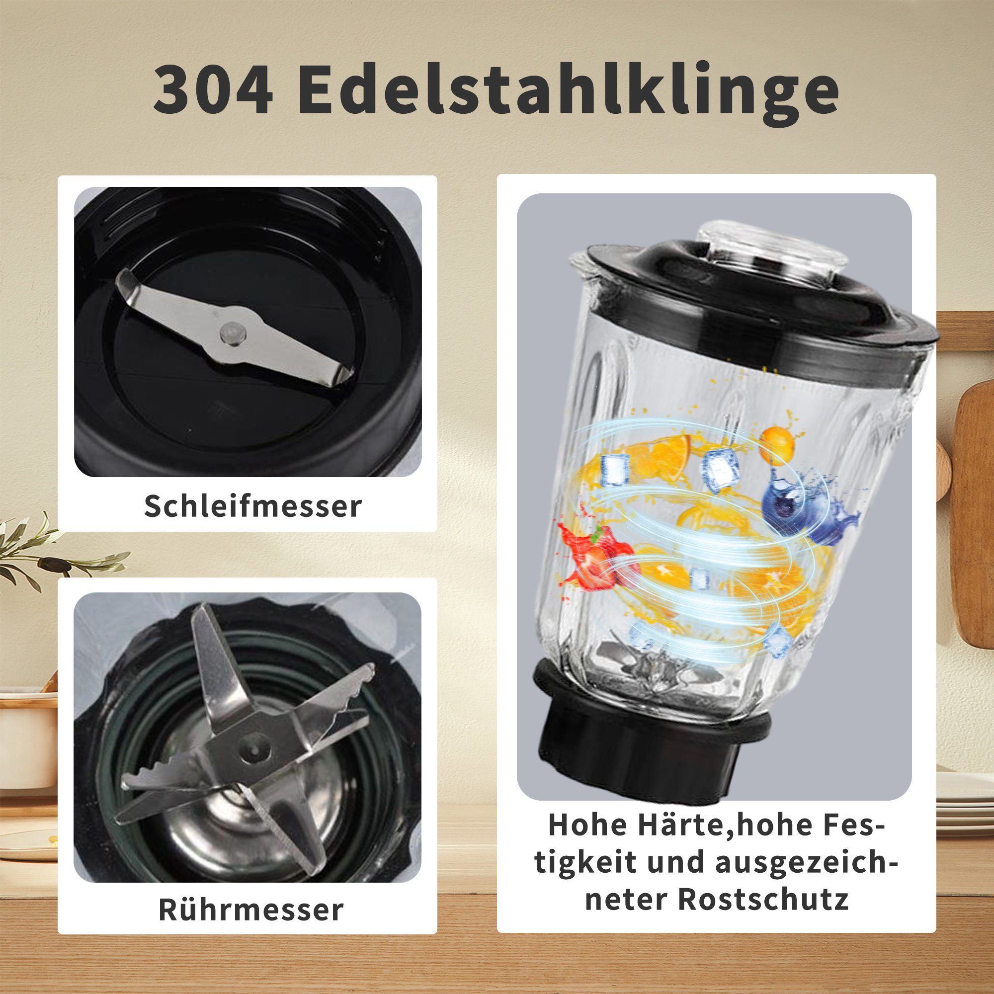 Tisoutec Standmixer Standmixer,VitaBoost Mixer,Edelstahl Silber Glas Smoothie Mixer Maker, 500,00 W Ice Crush Funktion,Milchshaker Blender 1,5 L,Eiscrusher