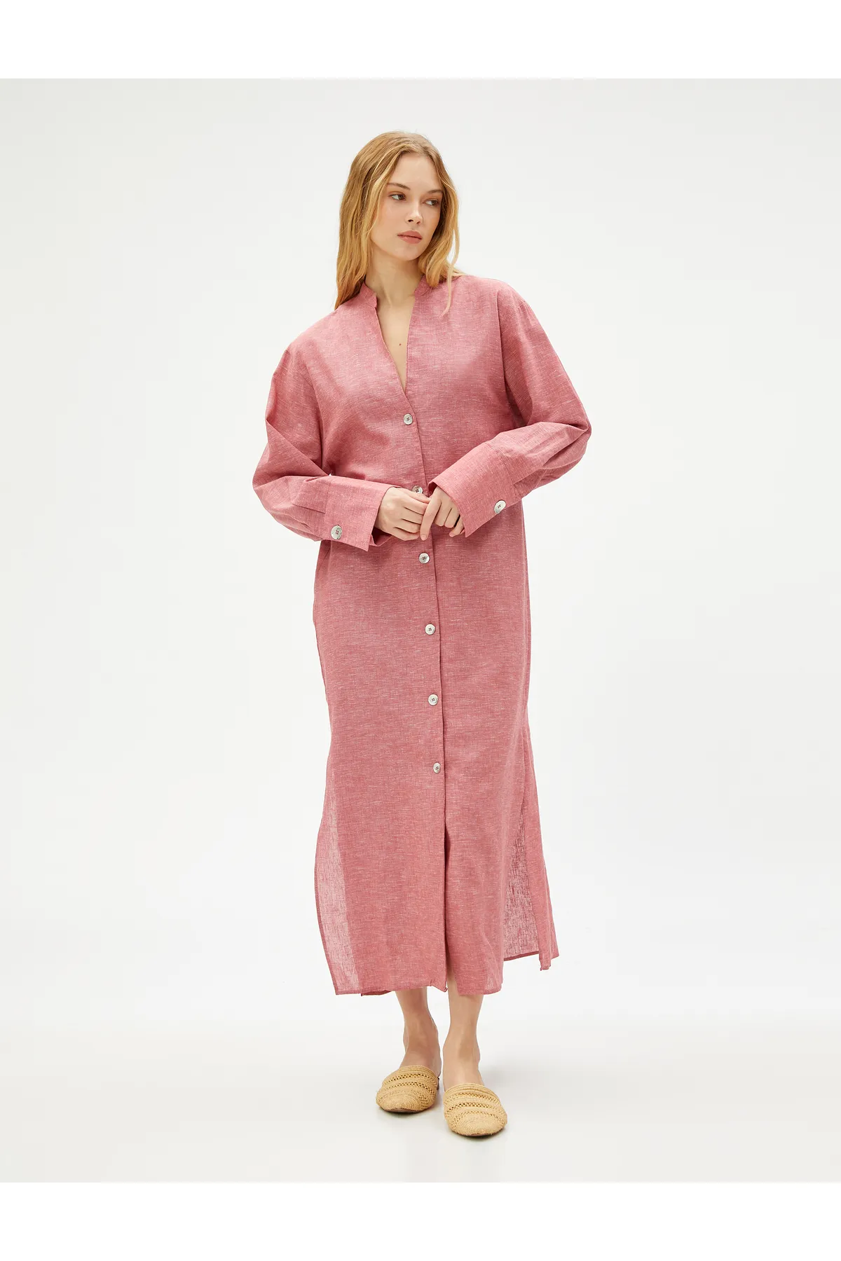 Koton  Langes Hemdblusenkleid mit prächtigem Kragen aus Leinenmischung