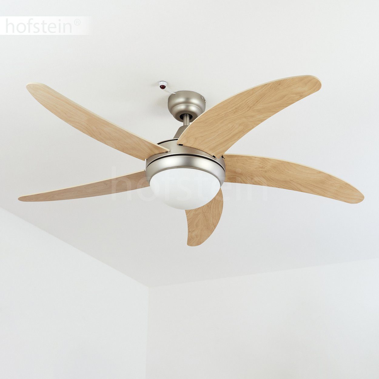 hofstein Deckenventilator Quarto Ventilator aus Metall/Holz/Glas in Nickel-matt/Natur/Weiß