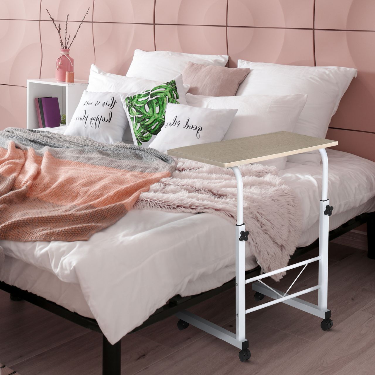 HOMCOM Beistelltisch höhenverstellbarer Couchtisch mobiler Endschreibtisch mit Rädern Feststellbremsen C-Tische Spanplatte Stahl Eisen Kunststoff Weiße Ahornfarbe 60 x 40 x 68-78 cm