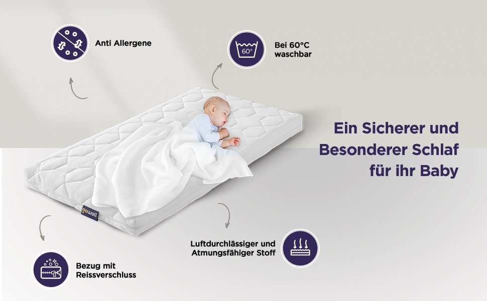 Babymatratze Babybett Kindermatratze Kaltschaummatratze für Baby (Wave Baby), gowoll, (Toddler Reisebett Matratzen Hochbett Babymatratze 70x140 70x160 60x120, kompatibel für Hausbett Ausziehbett und Kinderbett), ‎Antibakteriell, Doppelseitig