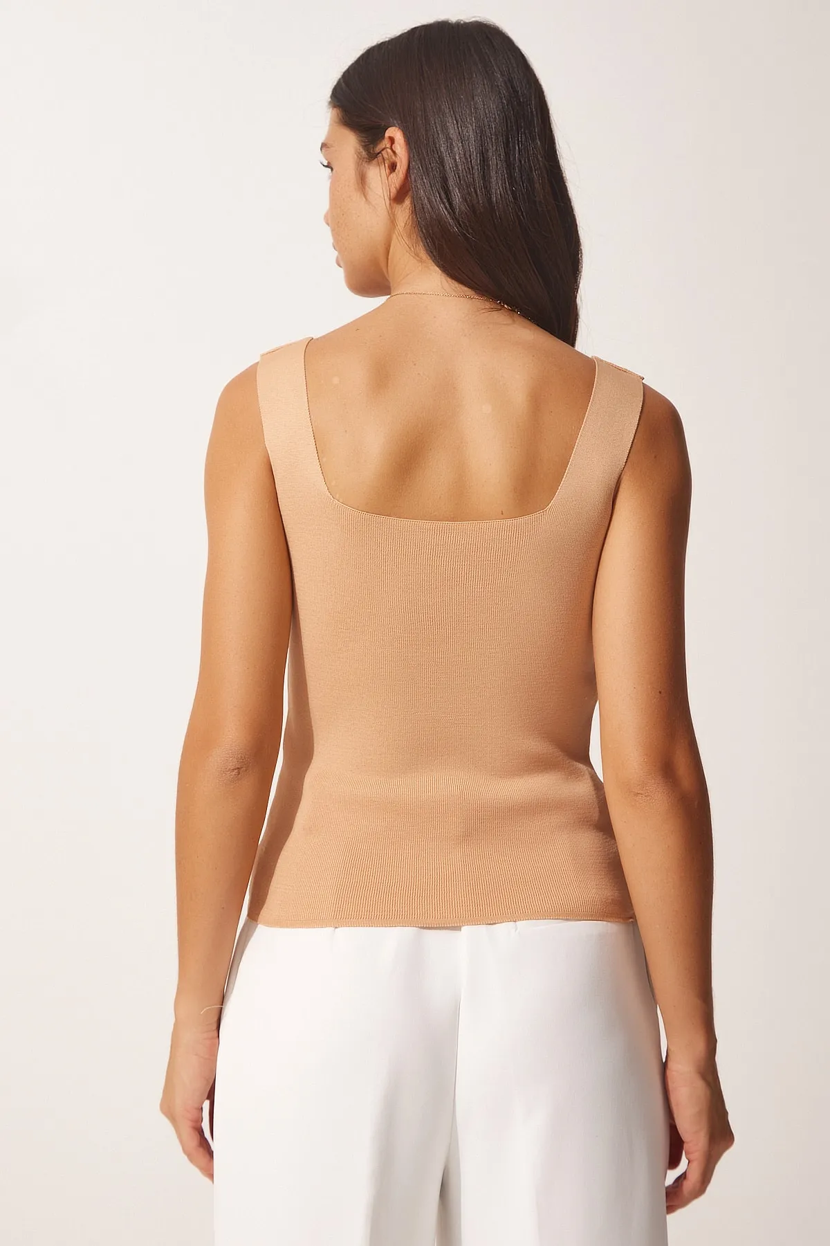 Happiness İstanbul  Damen-Strickbluse mit quadratischem Ausschnitt in Biscuit-Optik, kurz geschnitten, US00358