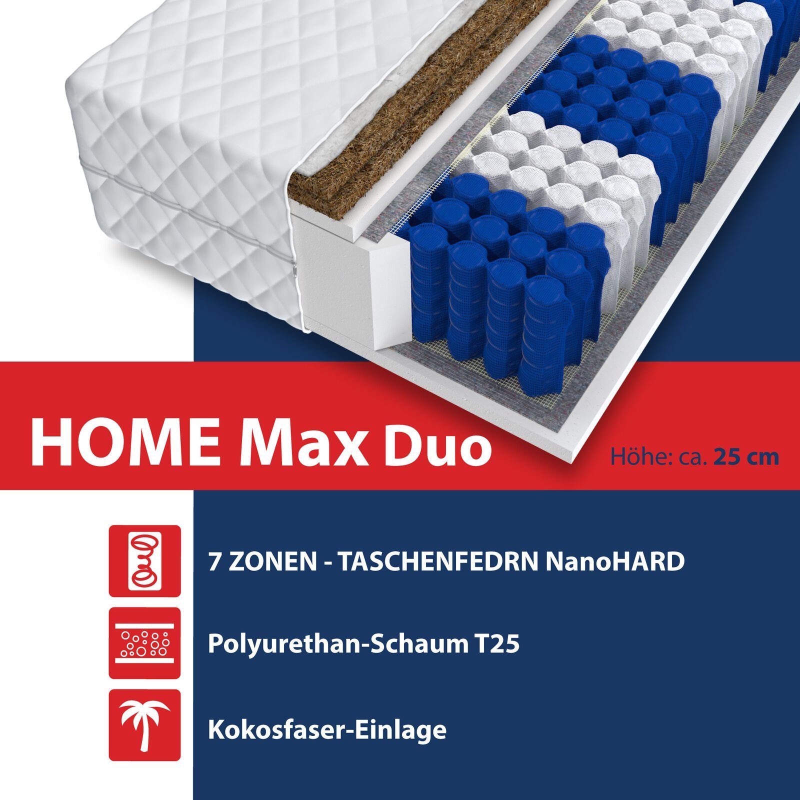 Taschenfederkernmatratze HOME MAX DUO, FDM, 25 cm hoch, (1), Wendematratze, H3/H4, 7 Zonen