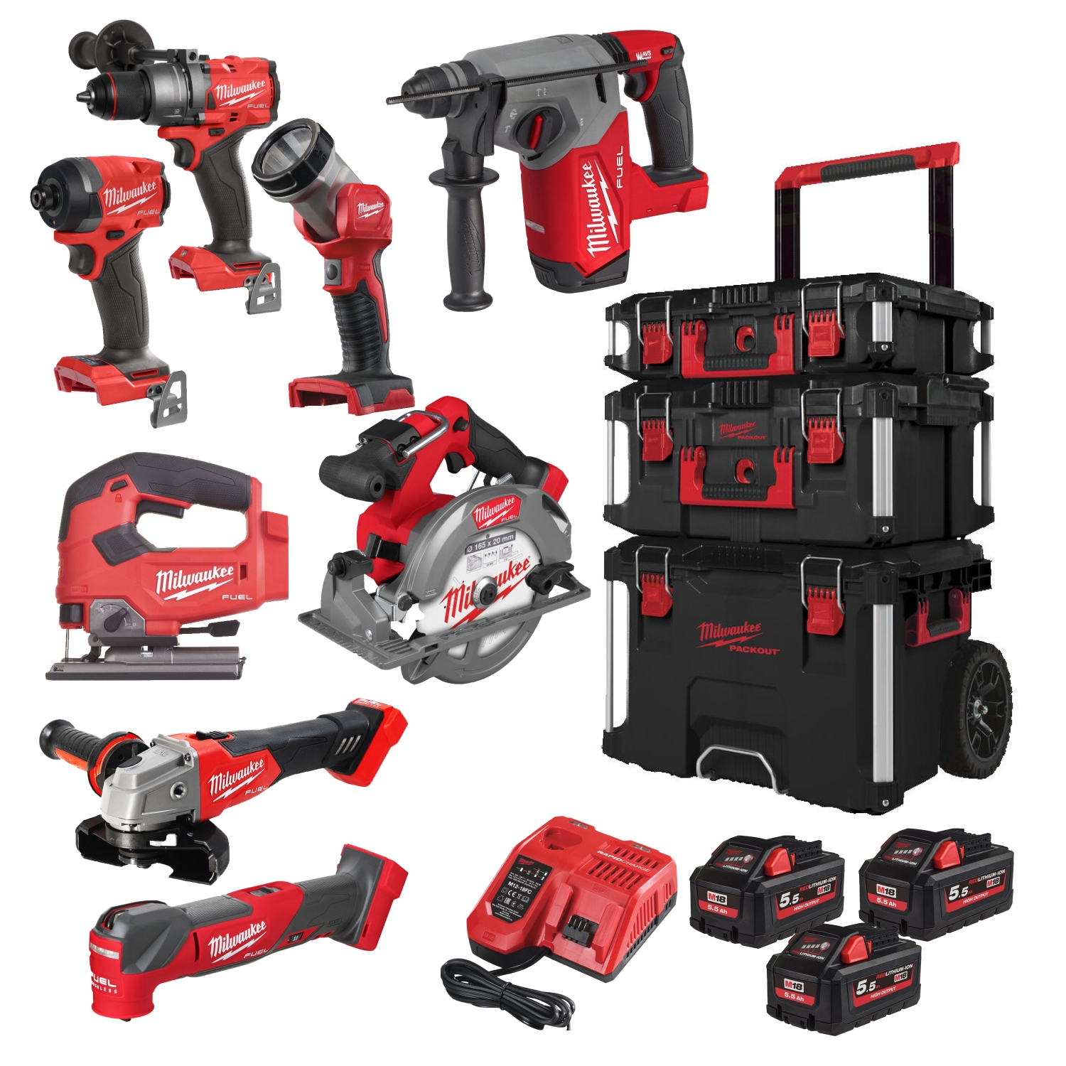 Milwaukee 4933499240 M18 FPP8E-553P M18 FUEL™ Powerpack 8 mașini 18V 5.5Ah Li-Ion în cărucior PackOut 4933499240