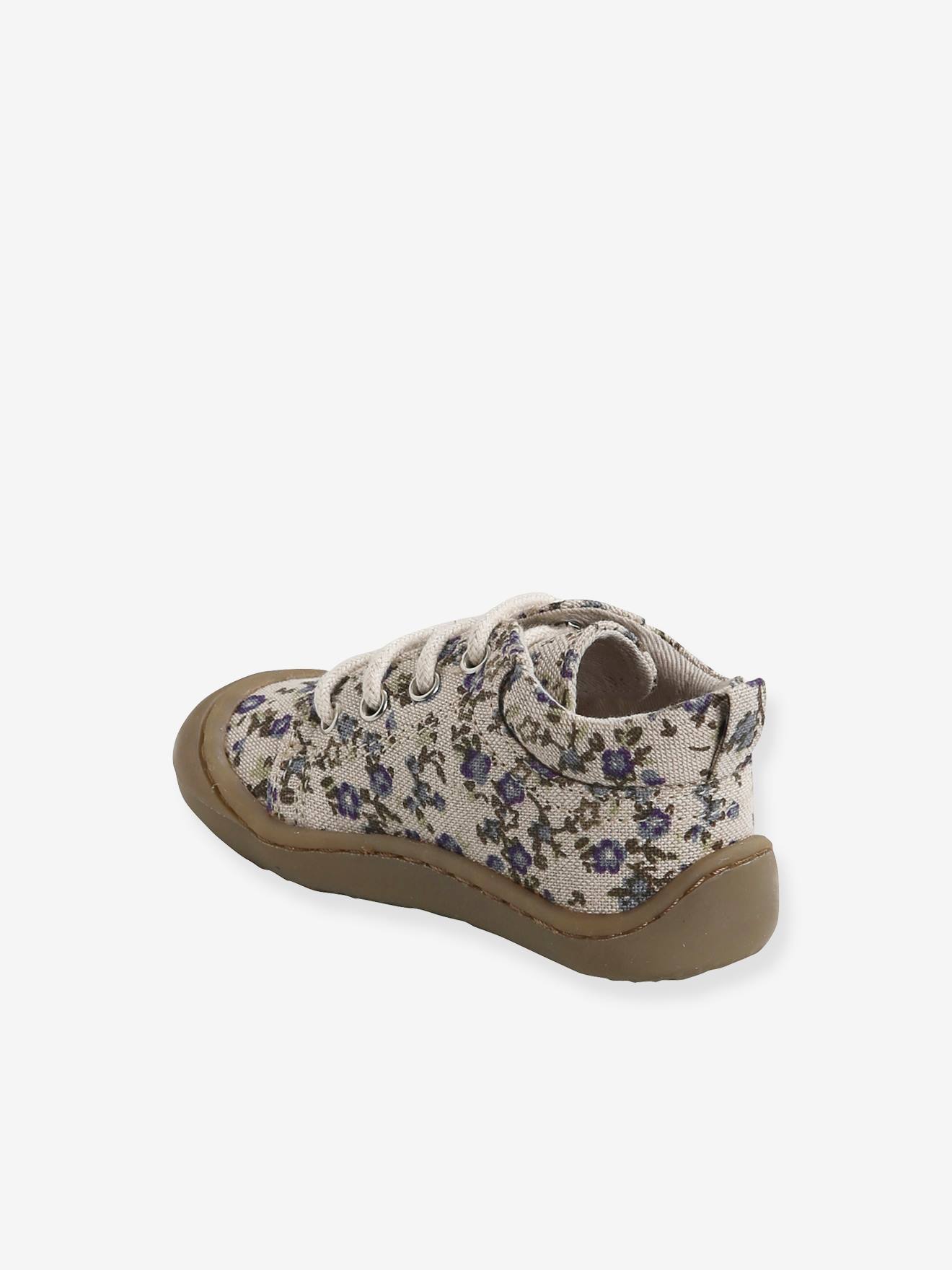 Bottillons lacés souples en toile bébé 4 pattes beige imprimé