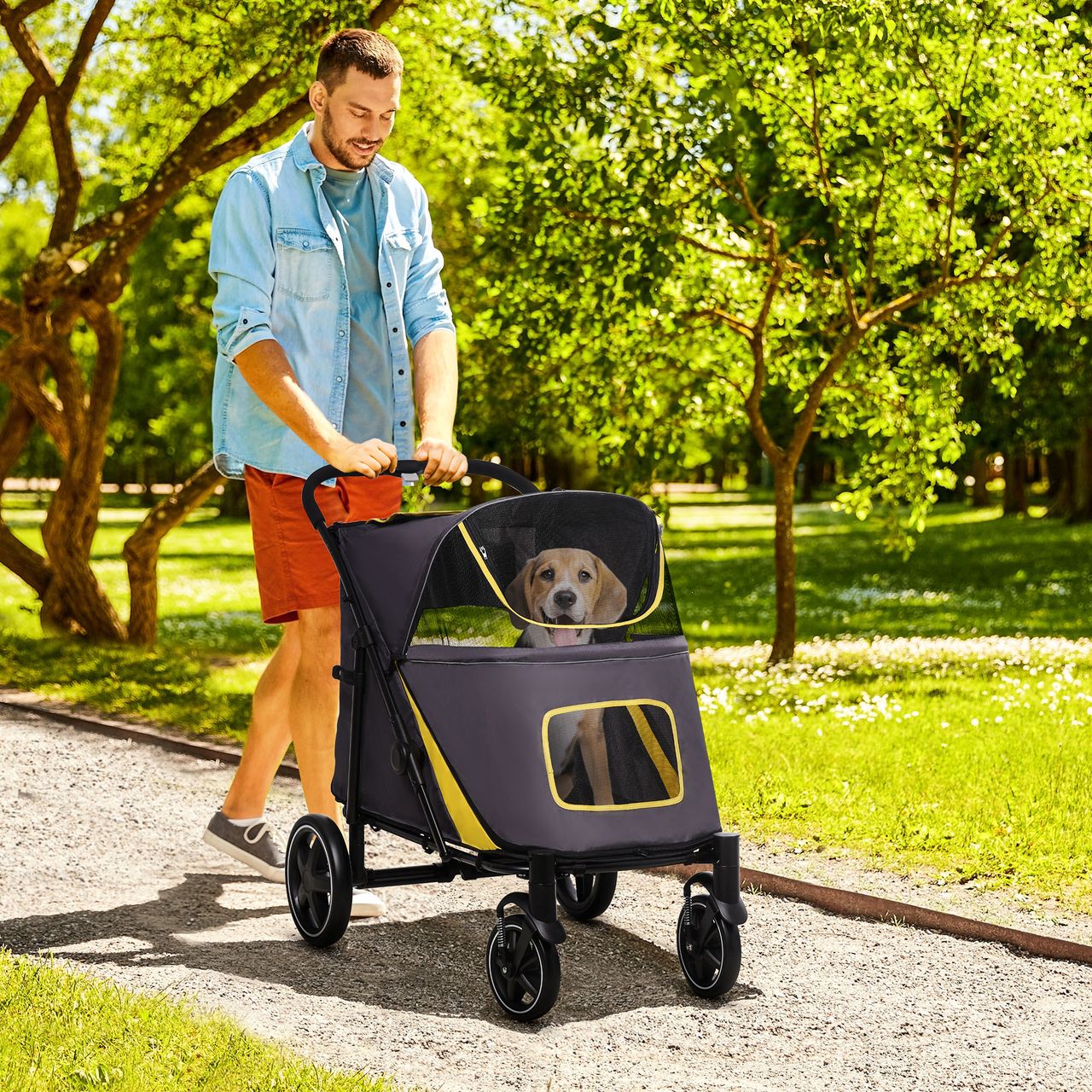 PawHut Hundewagen, faltbarer Hundetrolley, Hundebuggy mit Kissen, Katzenbuggy