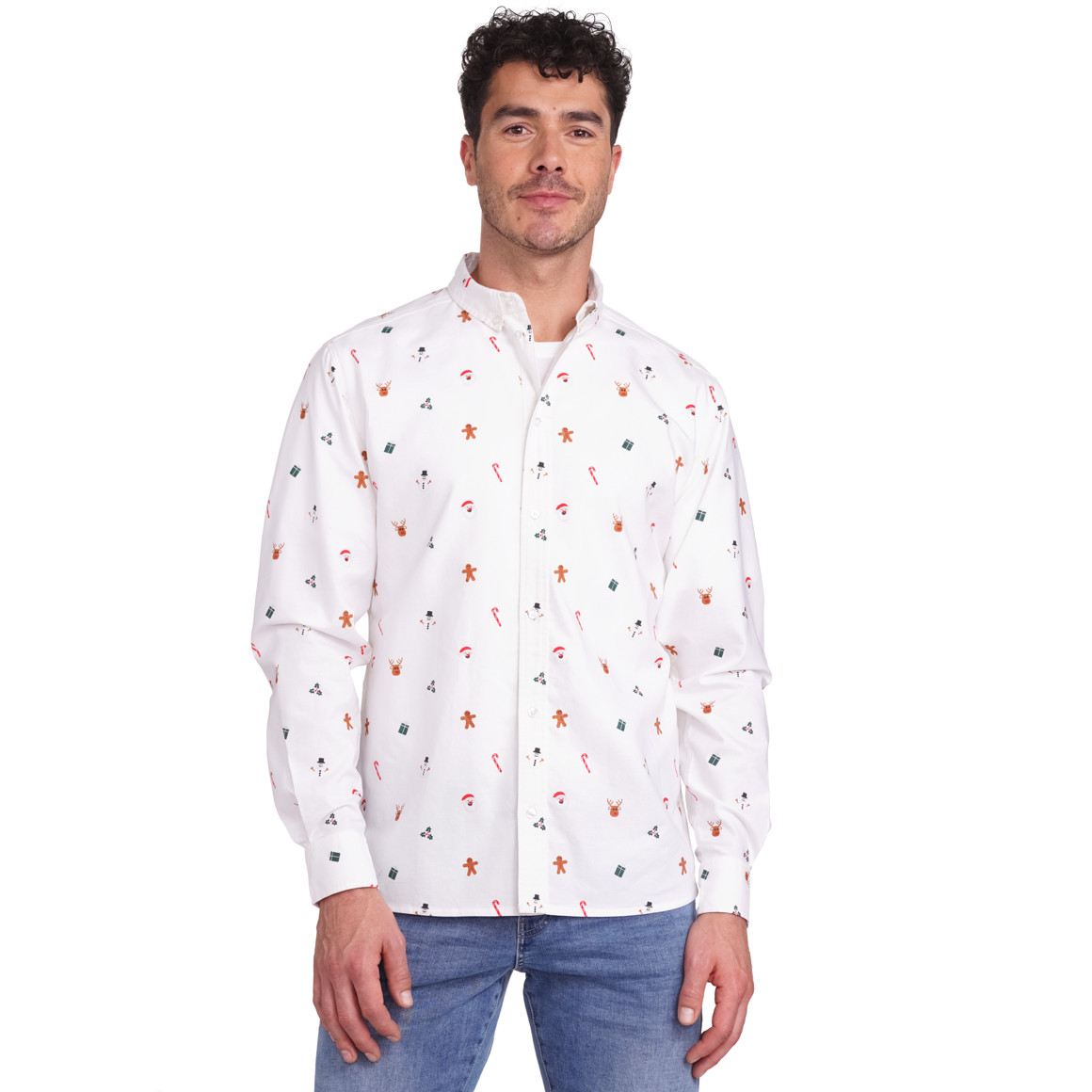 Herren Weihnachtshemd mit Knopfleiste weiss