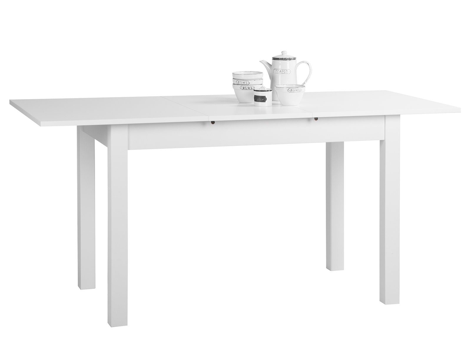 möbelando Esstisch Crawley, Moderner Esszimmertisch aus Spanplatte melaminharzbeschichtet in Weiß mit 1 Auszugsplatte. Breite 120 (160) cm, Höhe 76,5 cm, Tiefe 70 cm