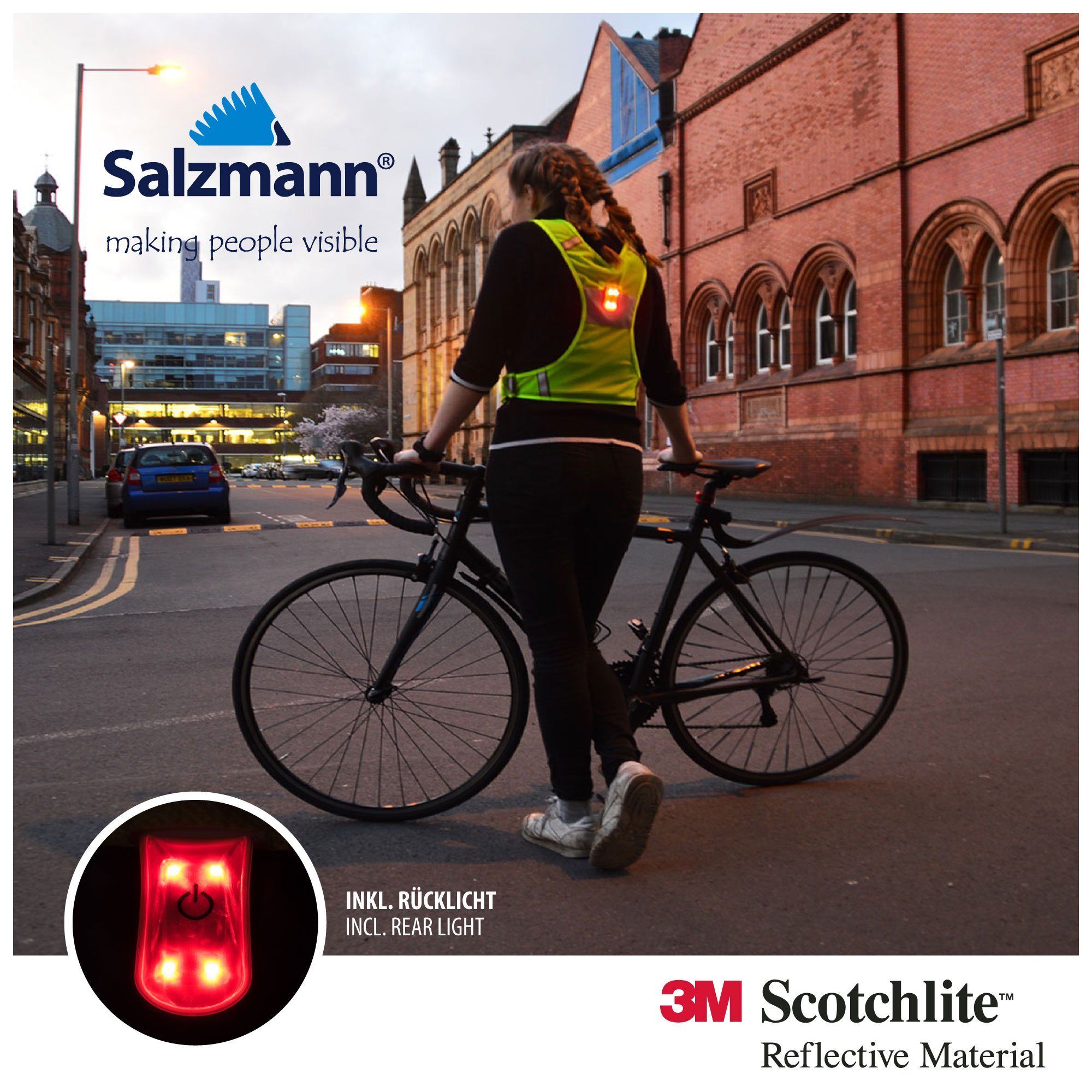 Salzmann Warnweste Laufweste mit LED Licht, mit 3M Scotchlite Reflektorstreifen
