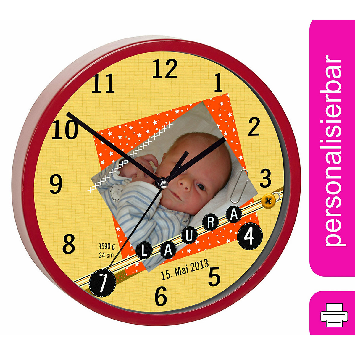Kinder Wanduhr personalisiert mit Name Scrapbooking orange