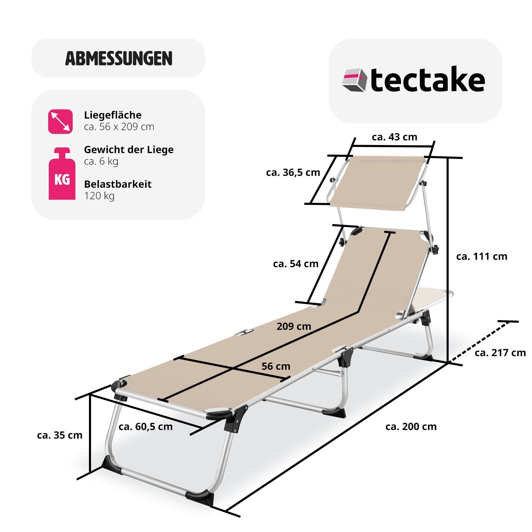 tectake Gartenliege Aurelie, 1, 1 St., 1tlg., Zurückklappbar