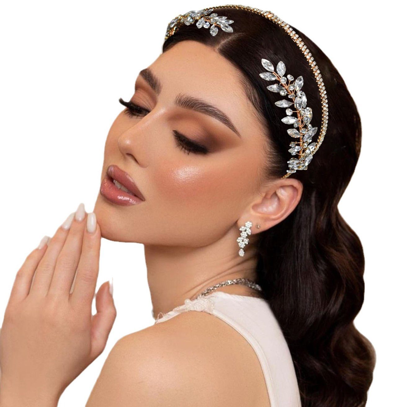 HOHEA H Haarband Kristall-Stirnband, Hochzeits-Haarschmuck, Braut-Haarschmuck, 1-tlg., goldener Haarschmuck, geeignet für Damen, eleganter Haarschmuck, Goldene Haaraccessoires, Perlenhaarnadeln, goldene Krone