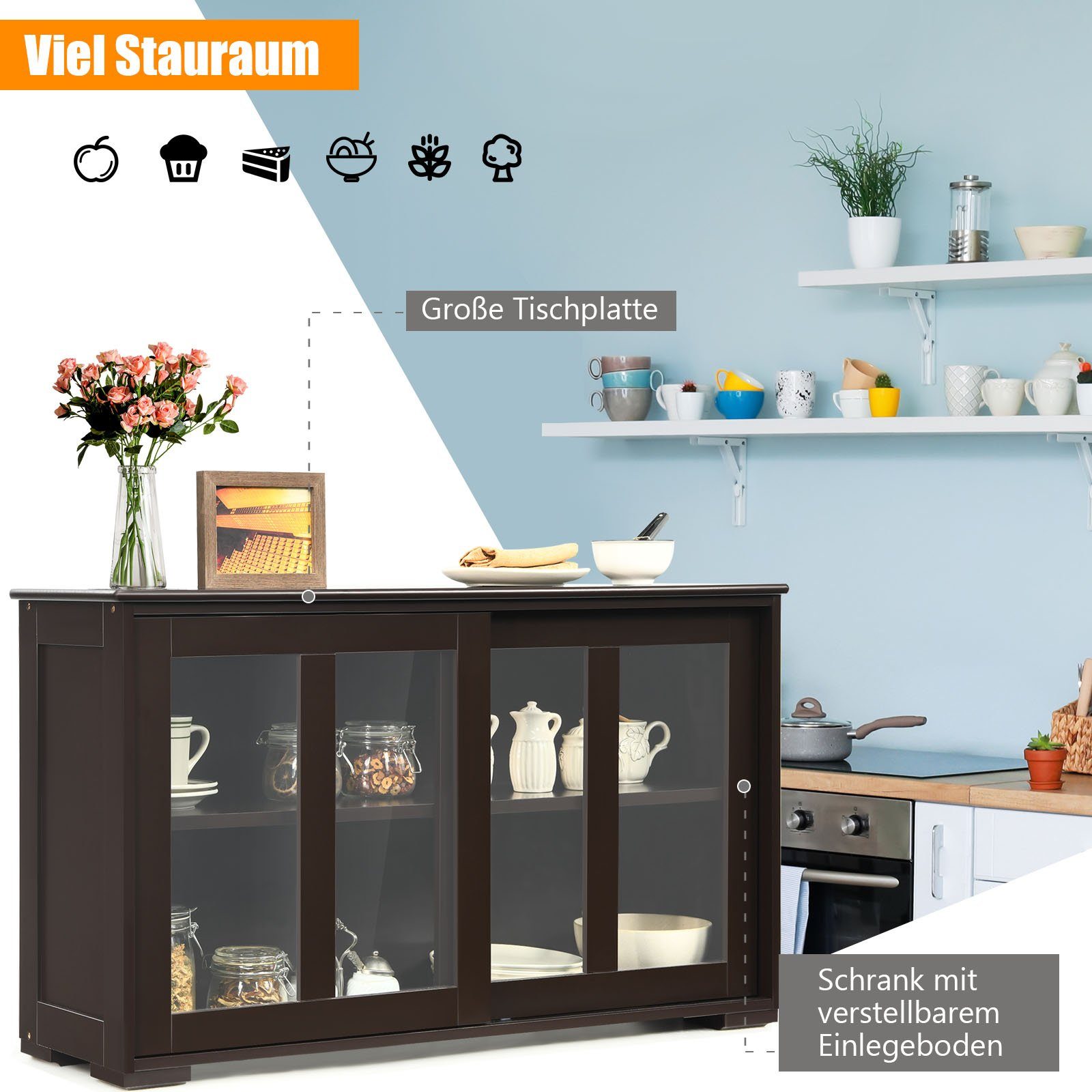 COSTWAY Sideboard, mit Schiebetüren, höhenverstellbarer Ablage