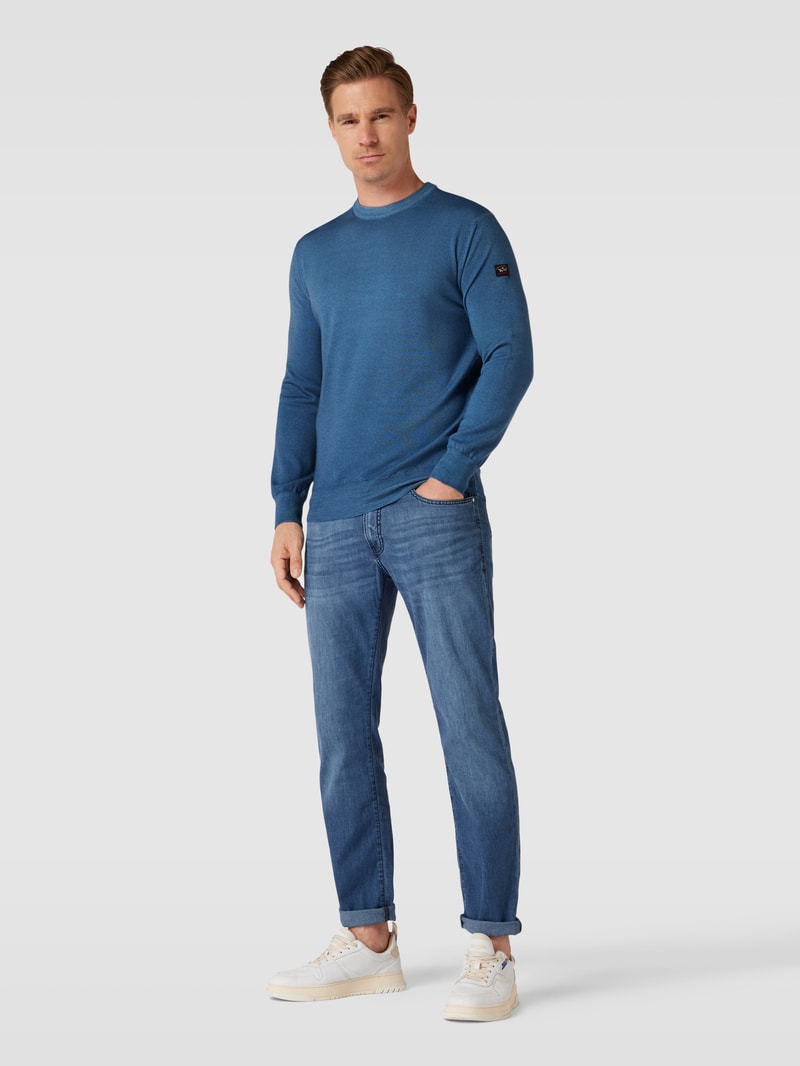 Sweatshirt aus Lanawolle mit Label-Patch in ozean blau meliert