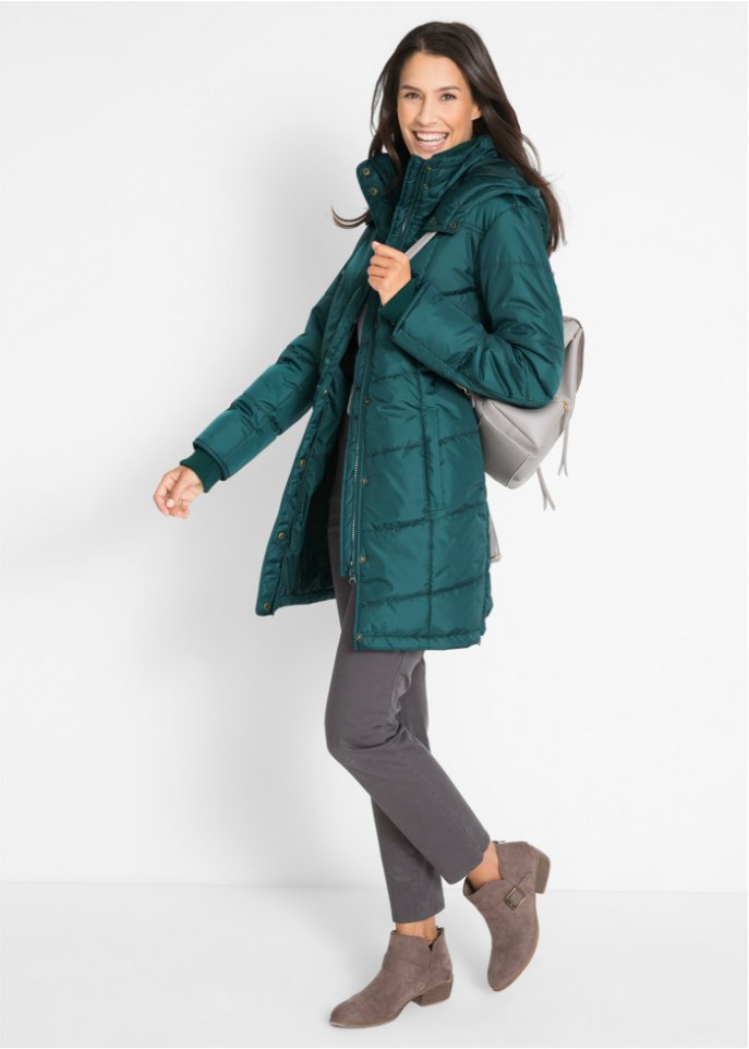 Long-Steppjacke, wattiert mit Kragen und Kapuze