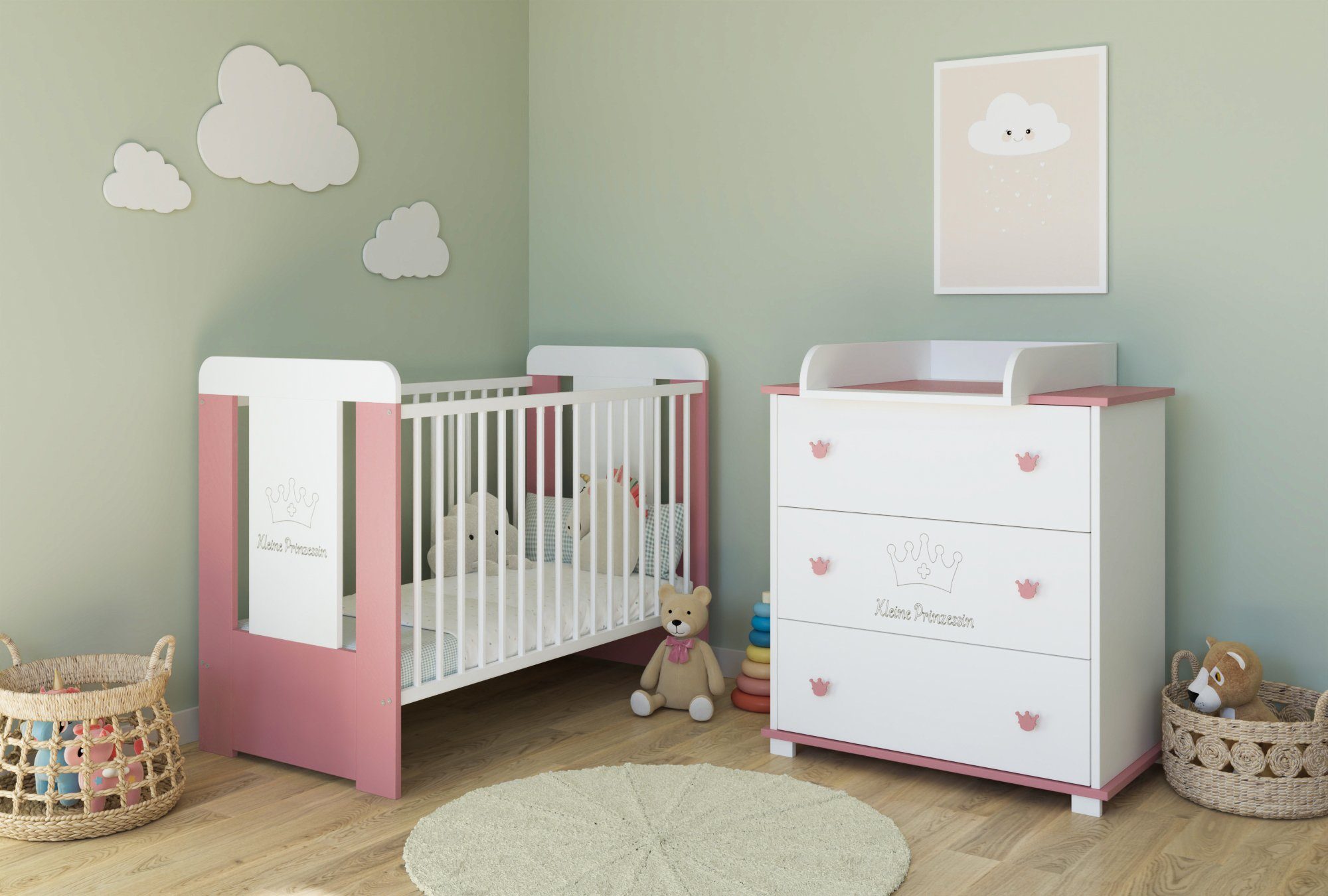 Kids Collective Wickelkommode Kommode Wickeltisch mit Wickelaufsatz mit 3 Schubladen, Kleine Prinzessin Gravur in weiss pink Mädchen Made in Europe