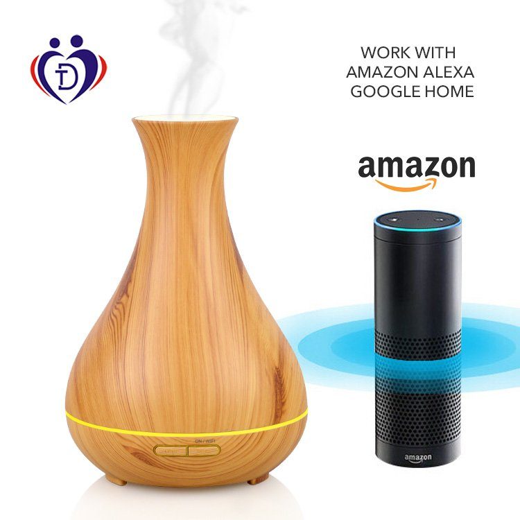 Hyrican Luftbefeuchter PST00184 Aroma Luftbefeuchter, inkl. Duftölset, App& Sprachsteuerung, 0,4 l Wassertank, Diffuser/Diffusor 400ml, 7 LED-Farben, Holzoptik, Alexa, Google