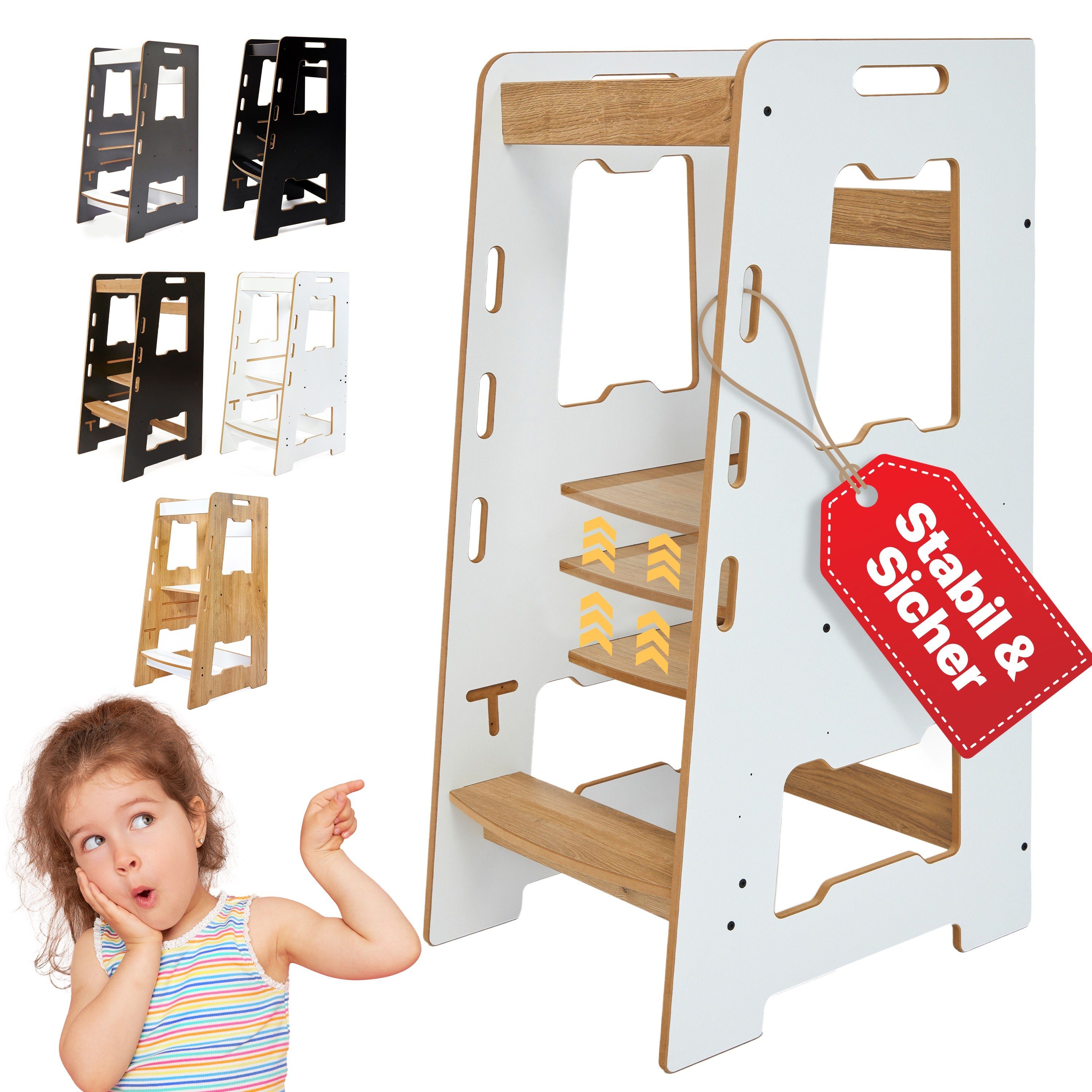 BoomDing Stehhilfe BoomDing Lernturm - Lernturm für Kinder mit 1 Jahr höhenverstellbar, Stabil und sicher, mit Rausfallschutz, mit Kippschutz, Montessori