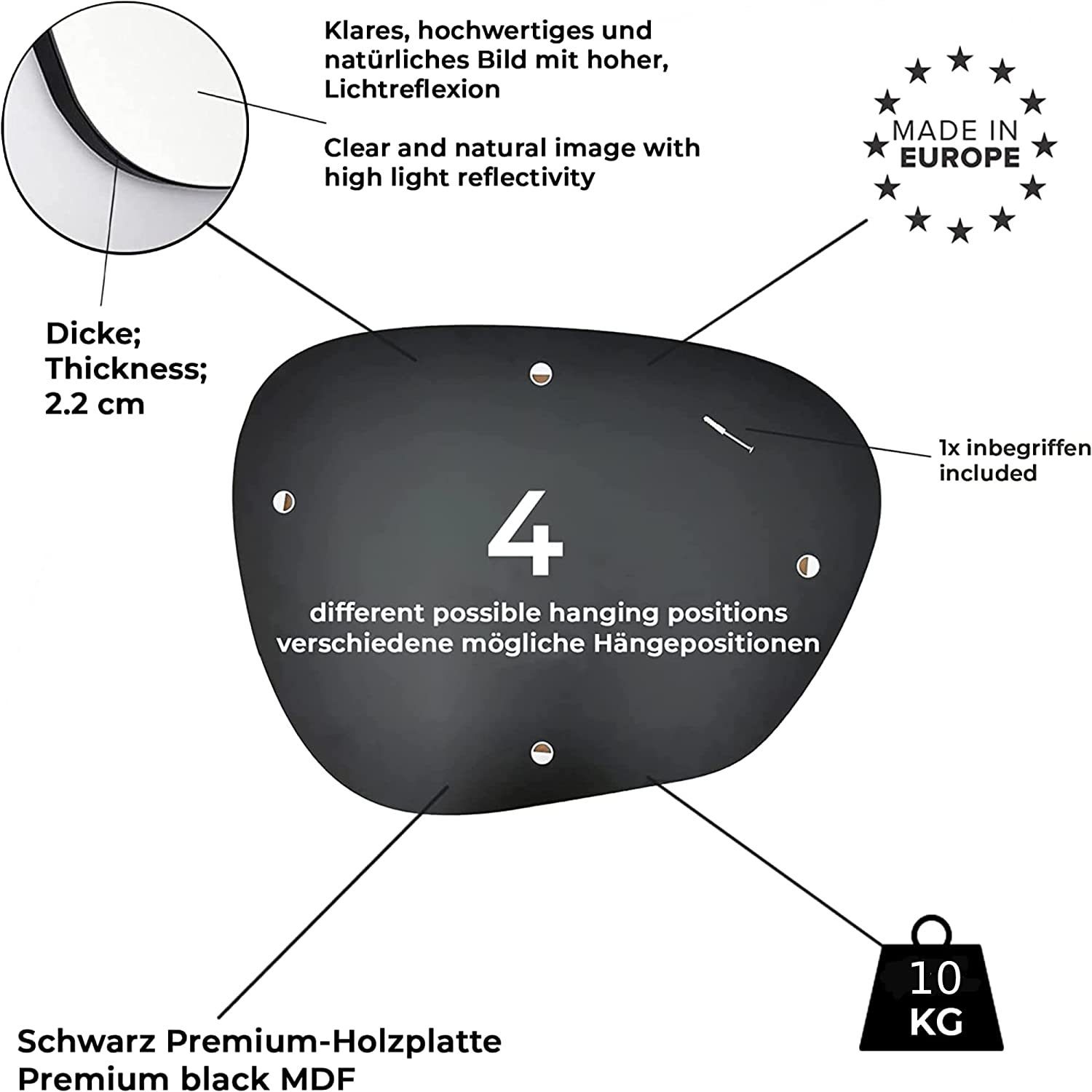 Gozos Spiegel Wandspiegel mit hölzerner Unterseite l Asymmetrischer Spiegel (75 x 55 cm), Mirror Spiegel gerahmt zum Aufhängen