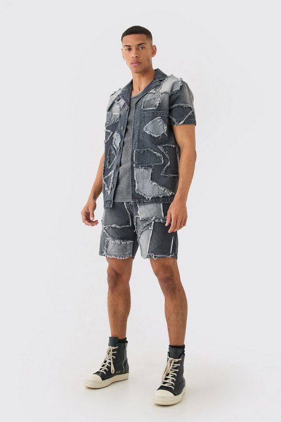 Zerrissene lockere Patchwork Jeansshorts in Grau