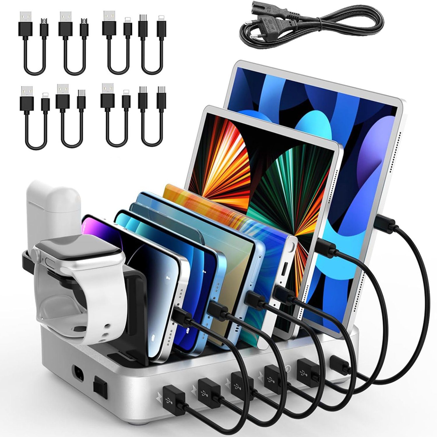 Yaviel Handy-Dockingstation Desktop Ladestation Geräte Multi Ladestation Mehrere Aufladestation, (Ladegerät USB C), Handy Ladestation Mehrfach Ladebox mit 6 USB Ports 68W