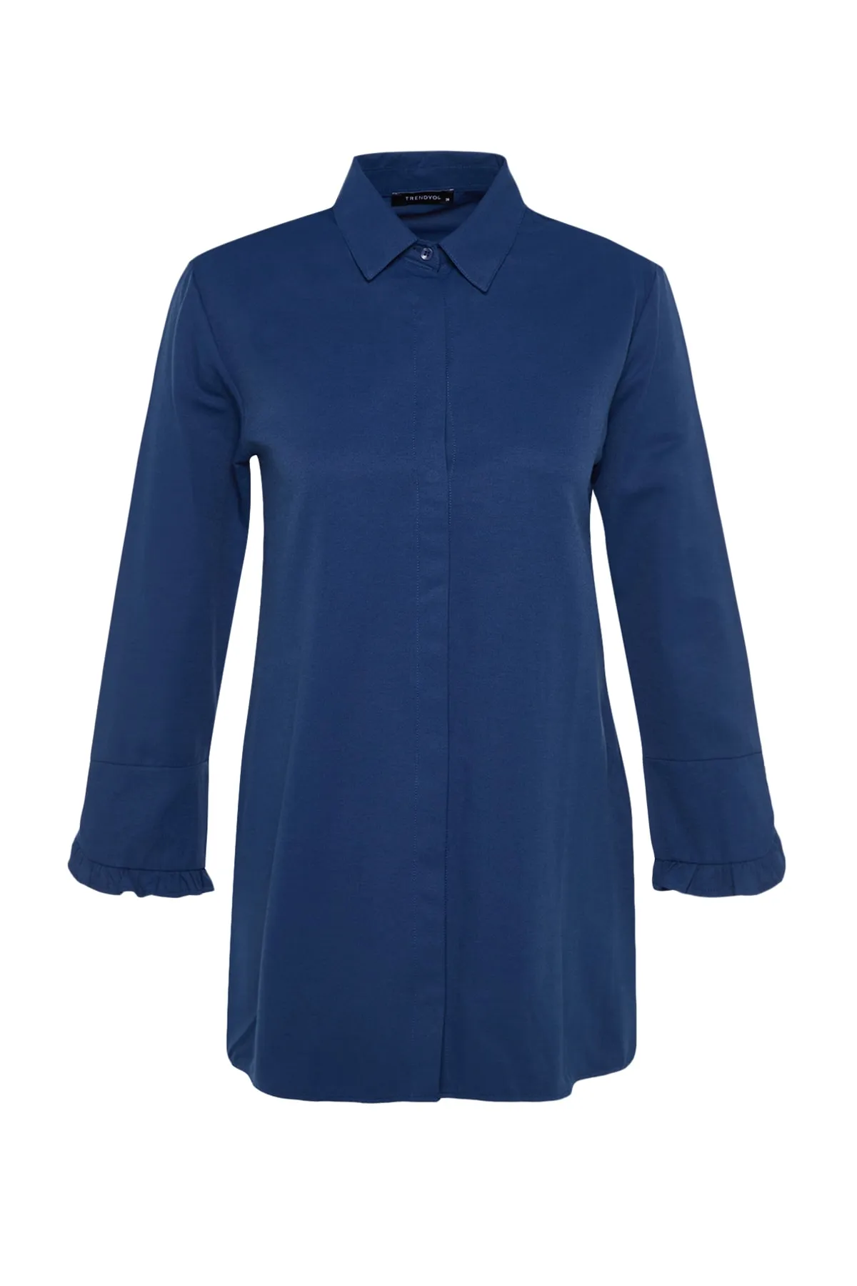 Trendyol Modest  Indigoblaues Hemd aus gewebter Baumwolle mit Rüschen im Denim-Look TCTSS23TG00042